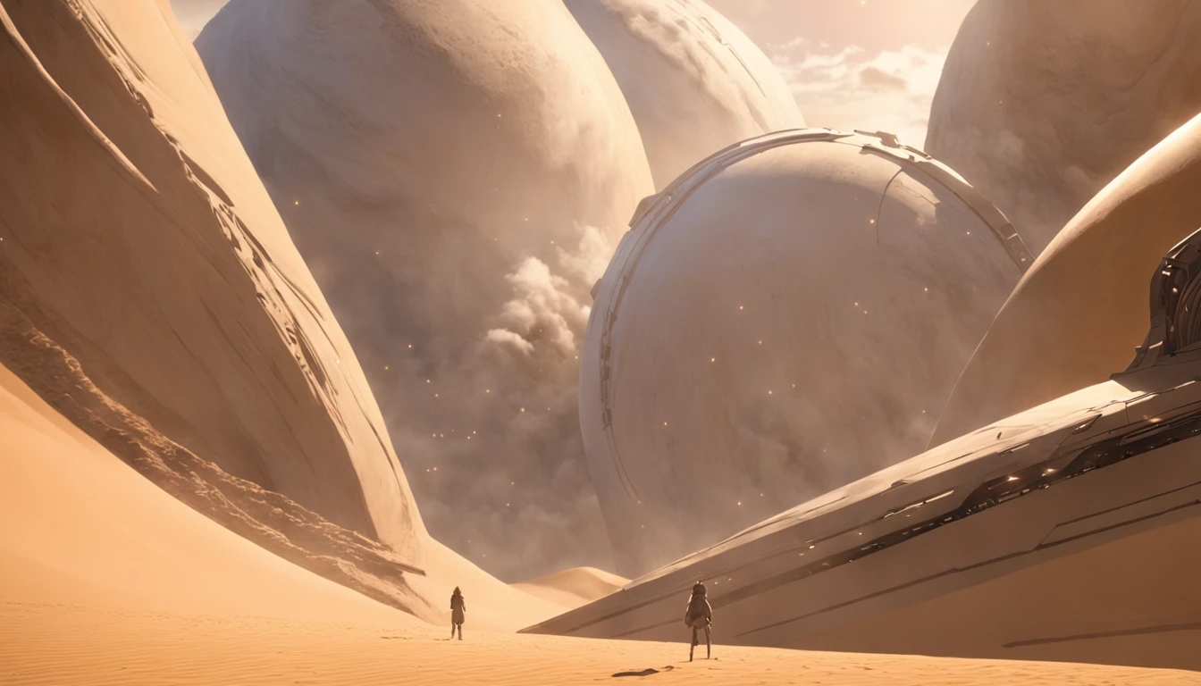 Dune sci-fi scene,Fine 8K,vray,huge buildings,There are many ships in the air,Size contrast,crowd of