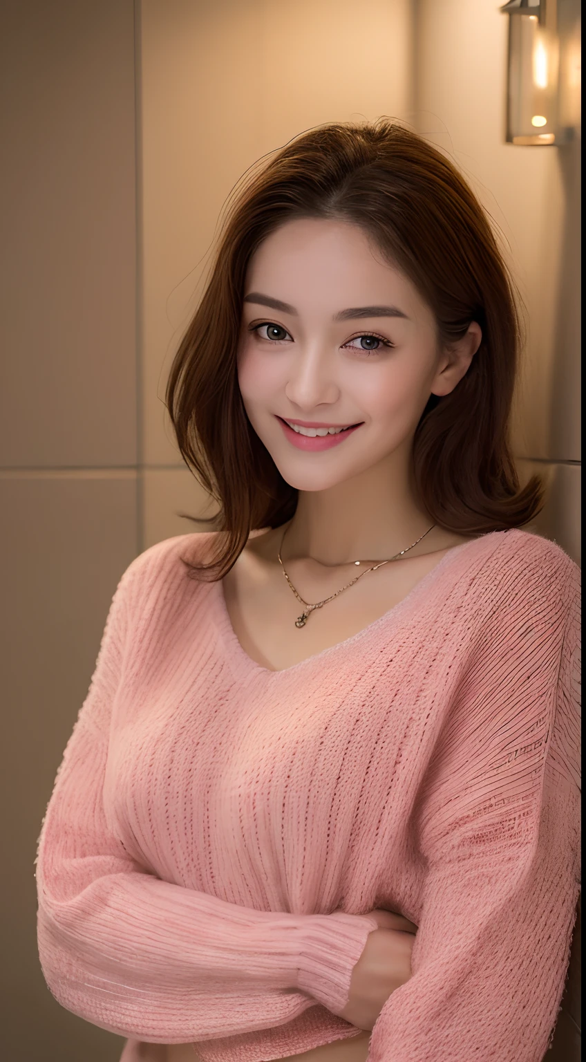((Night, Realistic Light, Best Quality, 8K, Masterpiece: 1.3)), 1girl, Slim Beauty: 1.4, Abs: 1.1, (Brown hair, Medium breasts: 1.3), Long pink sweater: 1.1, Bathroom, Super fine face, Delicate eyes, Double eyelids, smile, necklace