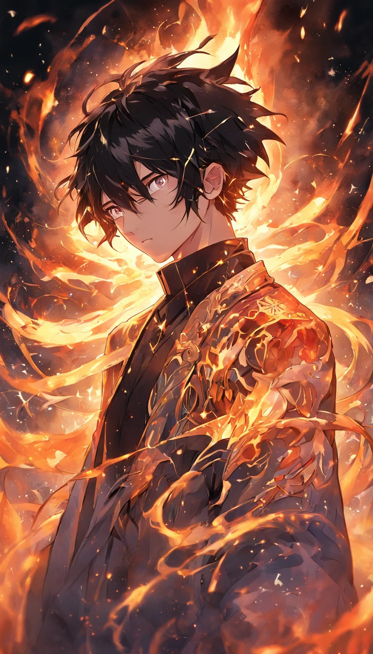 a painting that represents the essence of magic in your world, showing the black hair, shining golden eyes protagonist with a mystical black mark on his neck immersed in a cascade of magical fire energy, with glowing particles dancing around him and arcane symbols forming in the air