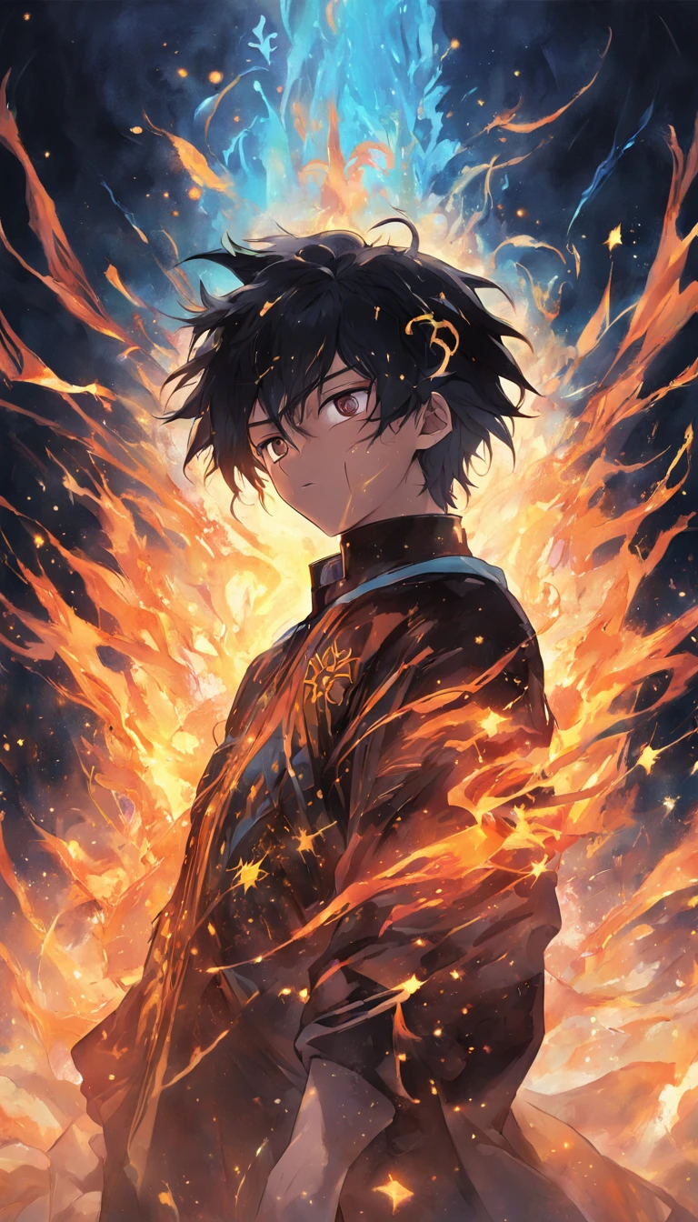 a painting that represents the essence of magic in your world, showing the black hair, shining golden eyes protagonist with a mystical black mark on his neck immersed in a cascade of magical fire energy, with glowing particles dancing around him and arcane symbols forming in the air