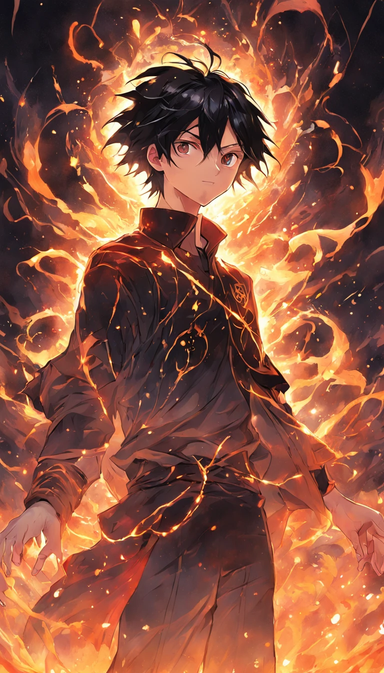a painting that represents the essence of magic in your world, showing the black hair, shining golden eyes protagonist with a mystical black mark on his neck immersed in a cascade of magical fire energy, with glowing particles dancing around him and arcane symbols forming in the air