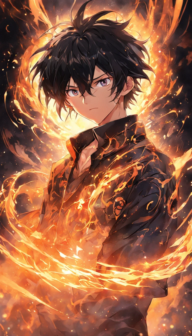 a painting that represents the essence of magic in your world, showing the black hair, shining golden eyes protagonist with a mystical black mark on his neck immersed in a cascade of magical fire energy, with glowing particles dancing around him and arcane symbols forming in the air