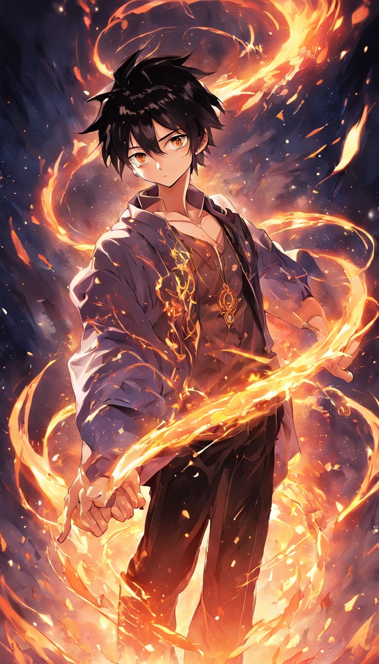 a painting that represents the essence of magic in your world, showing the black hair, shining golden eyes protagonist with a mystical black mark on his neck immersed in a cascade of magical fire energy, with glowing particles dancing around him and arcane symbols forming in the air