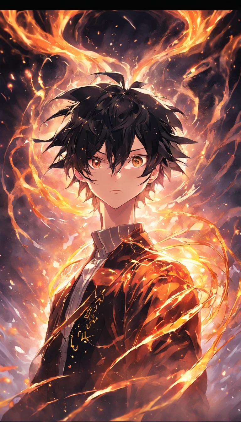 a painting that represents the essence of magic in your world, showing the black hair, shining golden eyes protagonist with a mystical black mark on his neck immersed in a cascade of magical fire energy, with glowing particles dancing around him and arcane symbols forming in the air