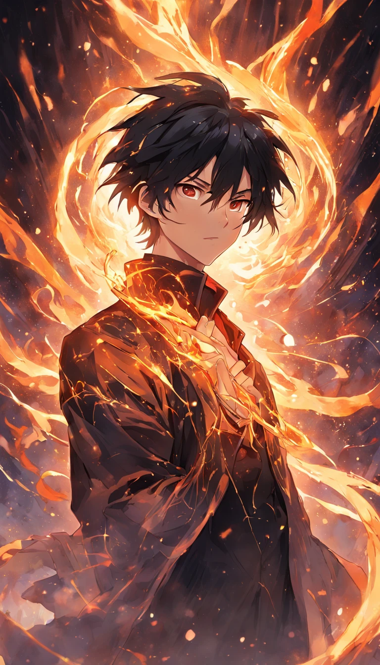 a painting that represents the essence of magic in your world, showing the black hair, shining golden eyes protagonist with a mystical black mark on his neck immersed in a cascade of magical fire energy, with glowing particles dancing around him and arcane symbols forming in the air