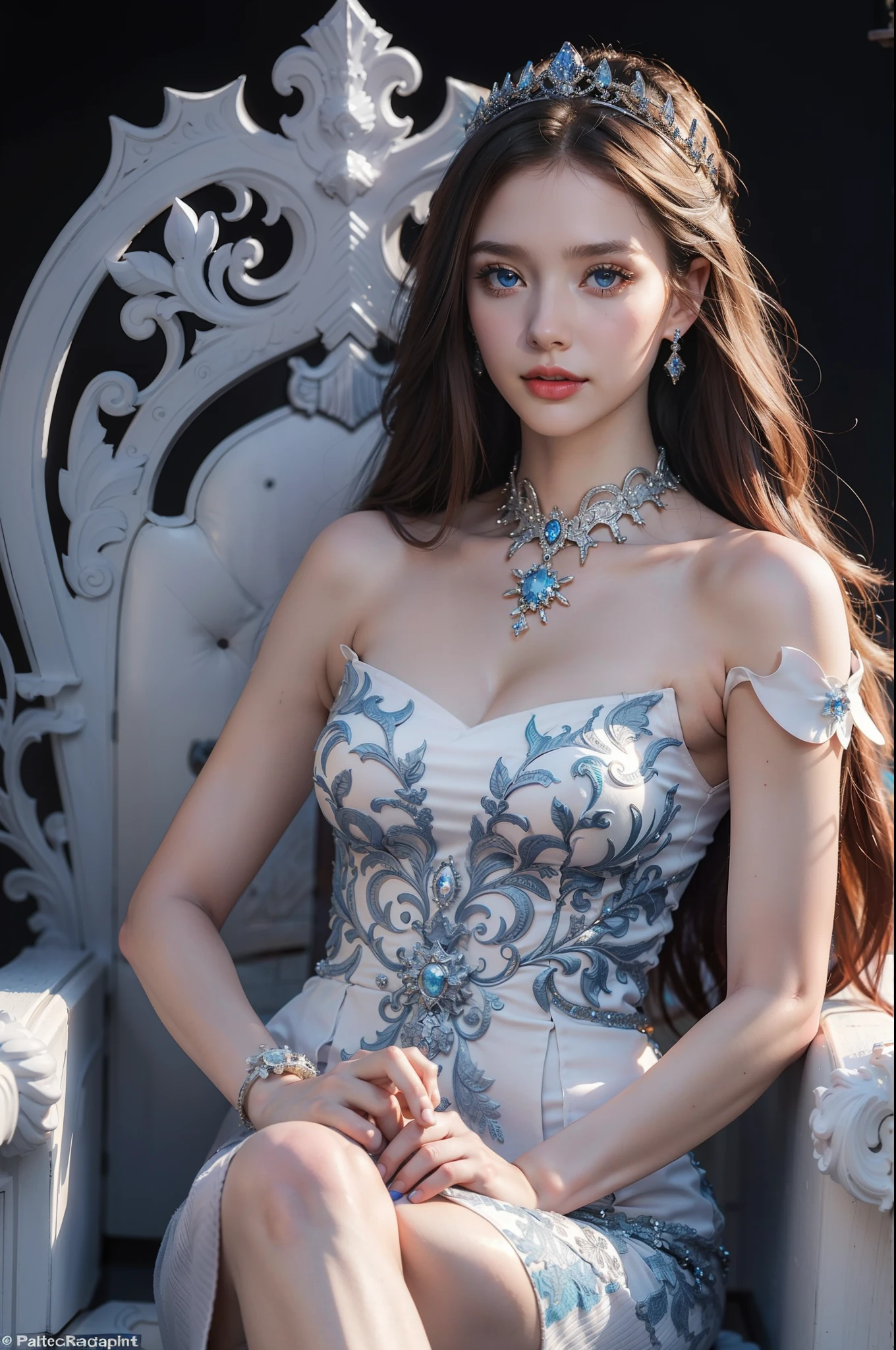 ((top-quality、​masterpiece、photographrealistic:1.4、8K))、a very beautiful woman、18year old、extremely detailed eye and face、beatiful detailed eyes、ice queen、（Fantastic blue dress in medieval European style）、Luxury accessories、graceful face、（Draw an ice queen sitting on an ice throne inside an ice palace。In her hand was an ice staff.、The palace is filled with silence and magical power.。）、Beautiful lighting、Textured skin、Super Detail、high detailing、High quality、hight resolution、（looking at the viewers）、europian、Beautiful snowflakes、Beautiful ice sculptures