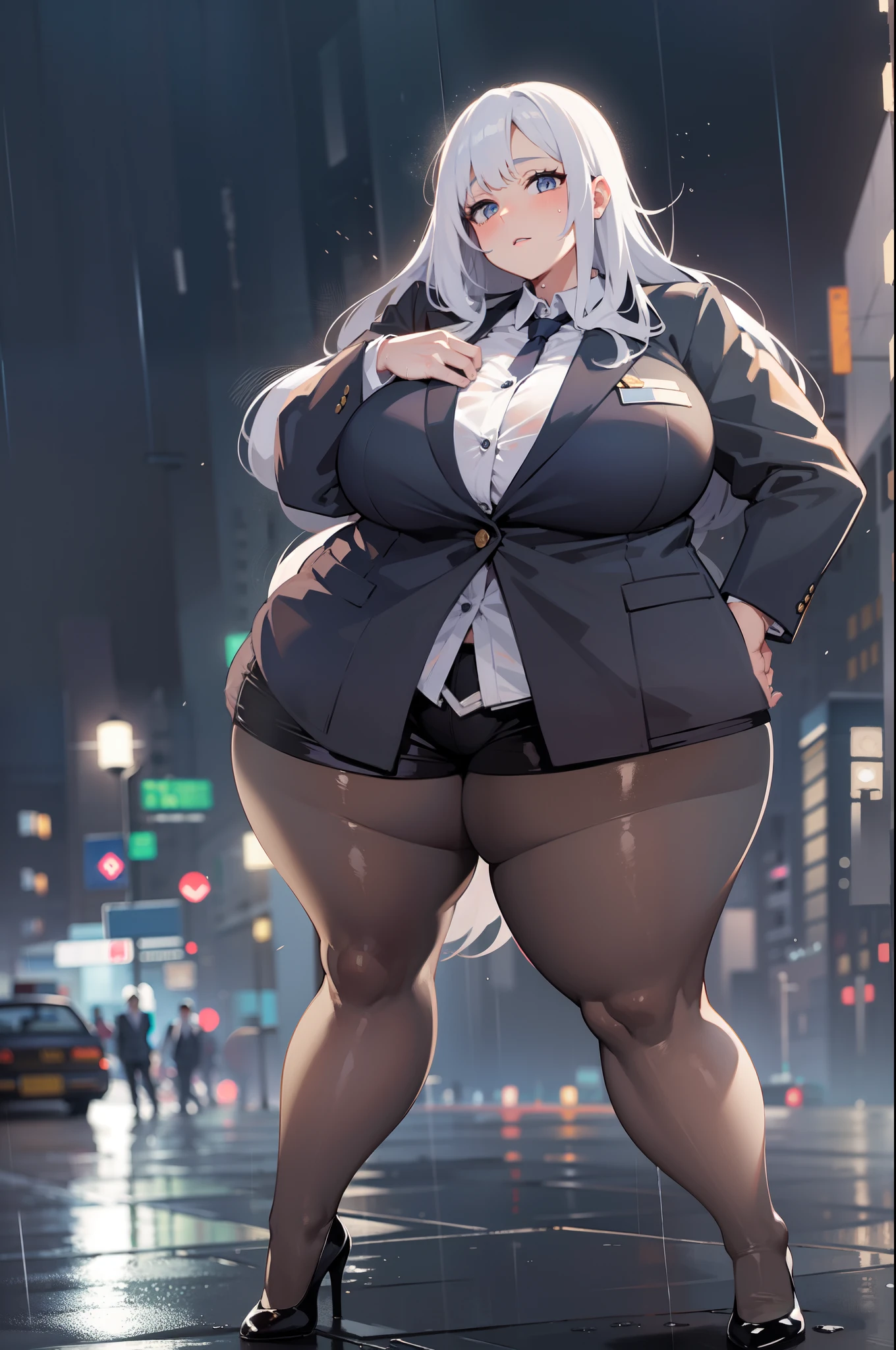 (masterpiece, best quality), 1girl, gigantic breasts, curvy, chubby, business suit, gigantic belly, open blazer, tight, white hair, white skin, obese, wet, night, raining,