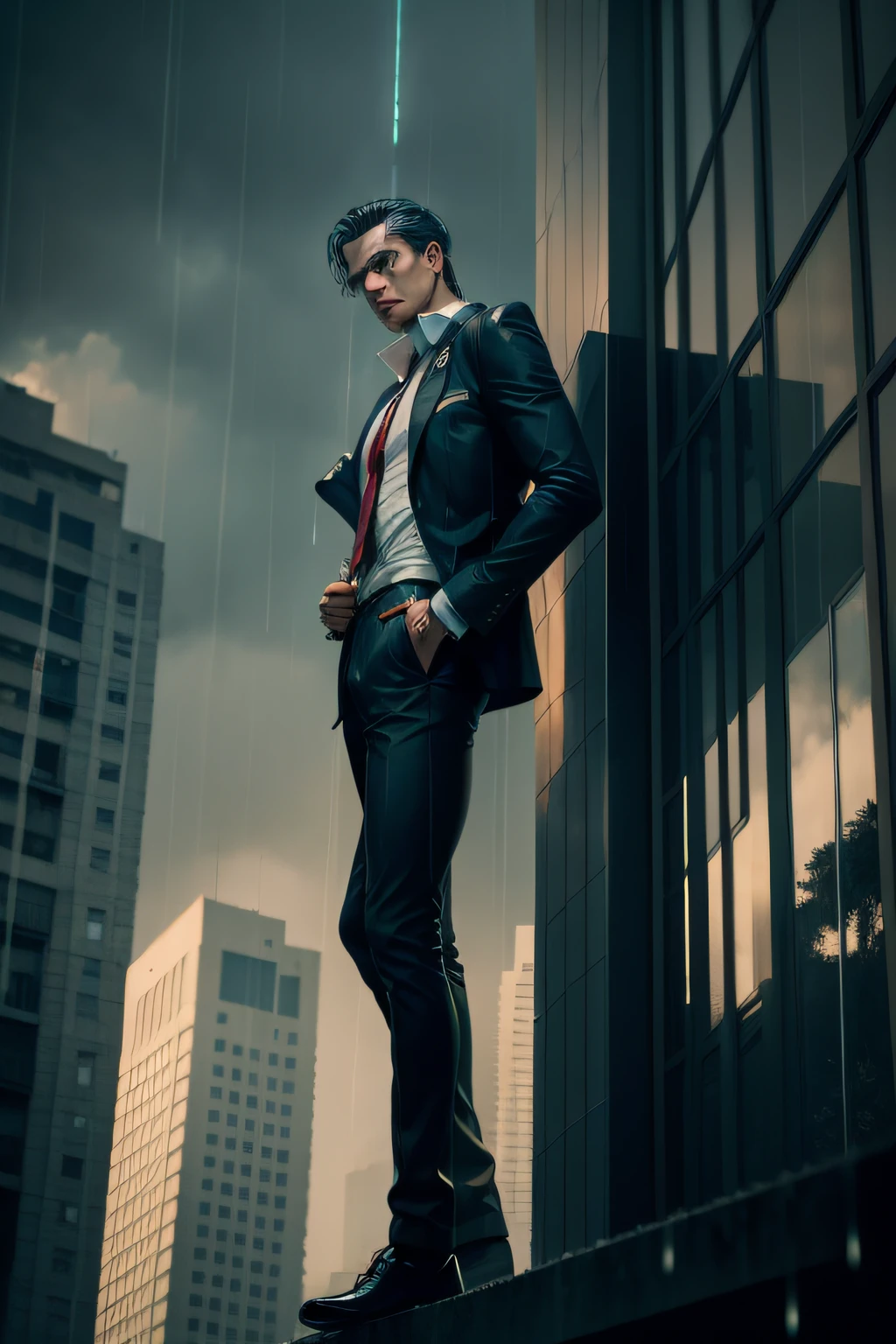 1 guy on a high-rise in the rain