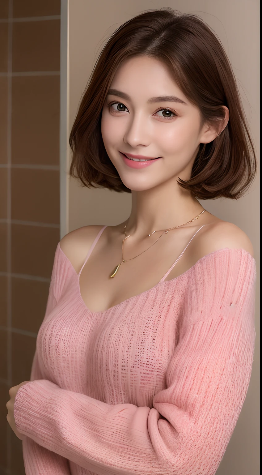 ((highest quality、8k、masterpiece:1.3))、1 girl、Beautiful woman with slender abs:1.3、(medium short hair、:1.2)、cardigan:1.1、highly detailed face、detailed eye、double eyelid　There&#39;s pink There　water　get wet　T-shirt　big breasts