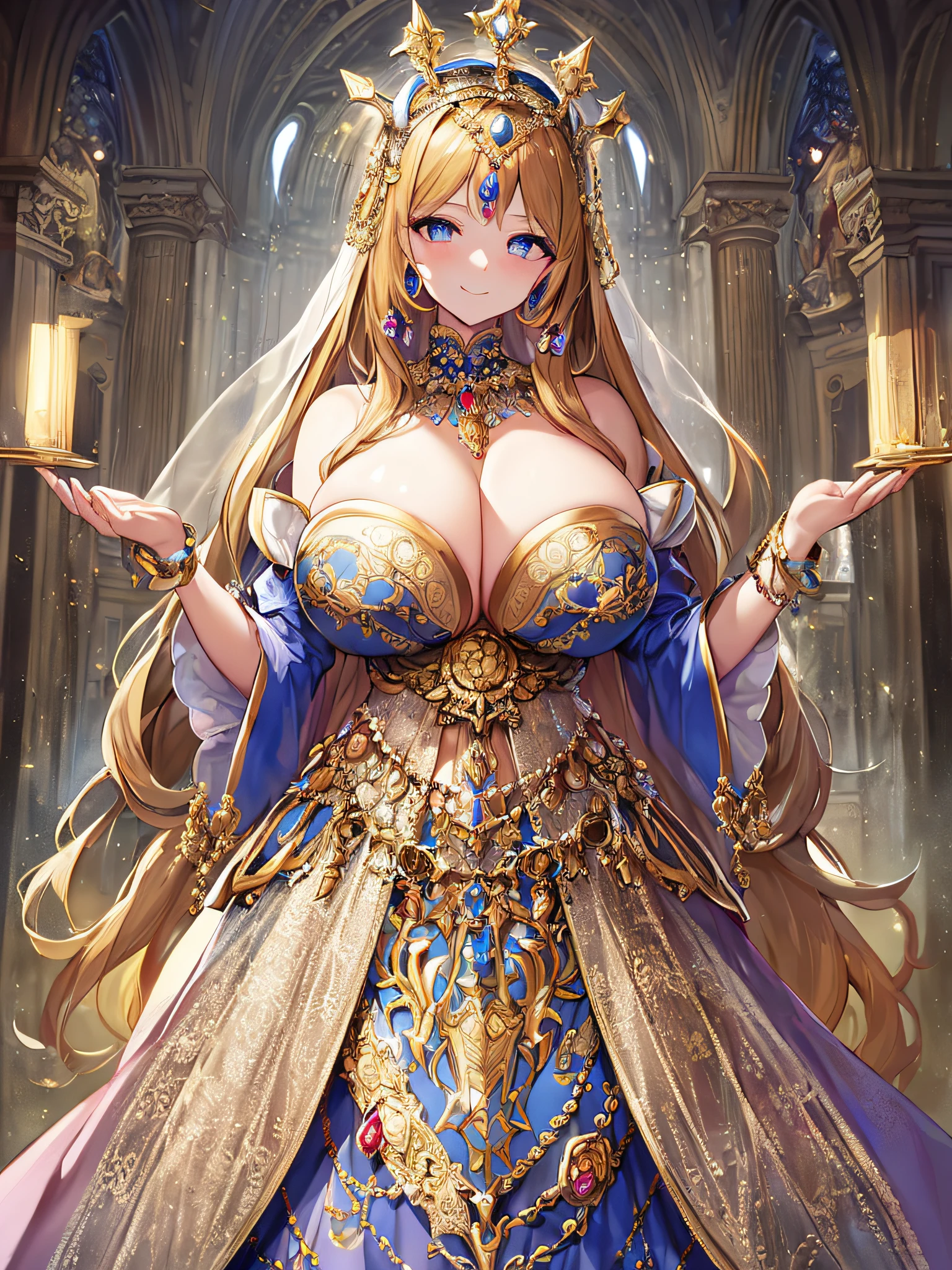 (anime artstyle),((Masterpiece,Best Quality,Super Detail,Very Delicate and Beautiful)),Solo,((full body,standing picture)),standing in the sacred cathedral,((Sacred atmosphere)),((1 Holy High Priestess in beautiful embroidery and jeweled gorgeous rococo princess ballgown dress with voluminous full length hoop skirt)),(crinoline),gorgeousfull embroidery,(gorgeous gemstone jewelry),(detailed face and eyes),jewel-like eyes,smile,((large amount of straight hair,extremely Long voluminous Hair)),Sacred Veil,((gigantic tits,Long tits,skindentation)),gorgeousfull embroidery,cleavage,extremely gorgeousfull hair ornament,(bling-bling extremely gorgeousfull jeweled tiara),gorgeous corsage,Stained glass,(Dynamic Angle),Looking at viewer,((full body)),((beautiful embroidery and jeweled gorgeous rococo princess ballgown dress with voluminous full length hoop skirt))
