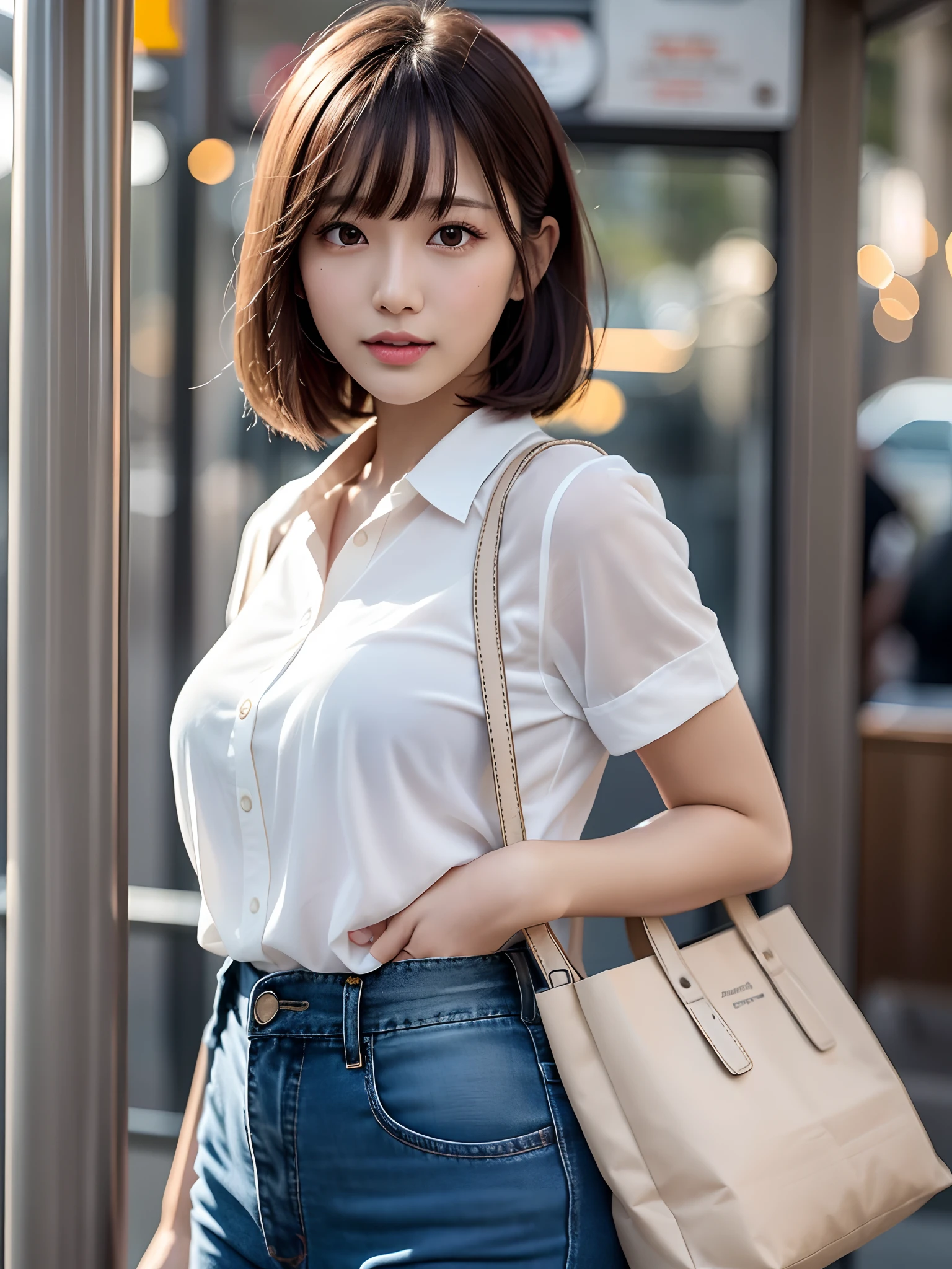 product quality, a full body shot, a front view, 1 girl, a Japanese young pretty woman, long bob hair, hyper pretty face, glamorous, wearing a short sleeves silky off white blouse with collared, wearing denim pants , grabbing the straps of a crowded bus with a big smile, carrying a tote bag over her shoulder, glossy lips, double eyelids for both eyes, natural makeup, long eyelashes, shiny smooth light brown long bob hair, asymmetrical bangs, tanned skin, central image, high resolution, high detail, detailed hairstyle, detailed face, spectacular movie lighting, octane rendering, hyper realistic, perfect limbs, perfect anatomy