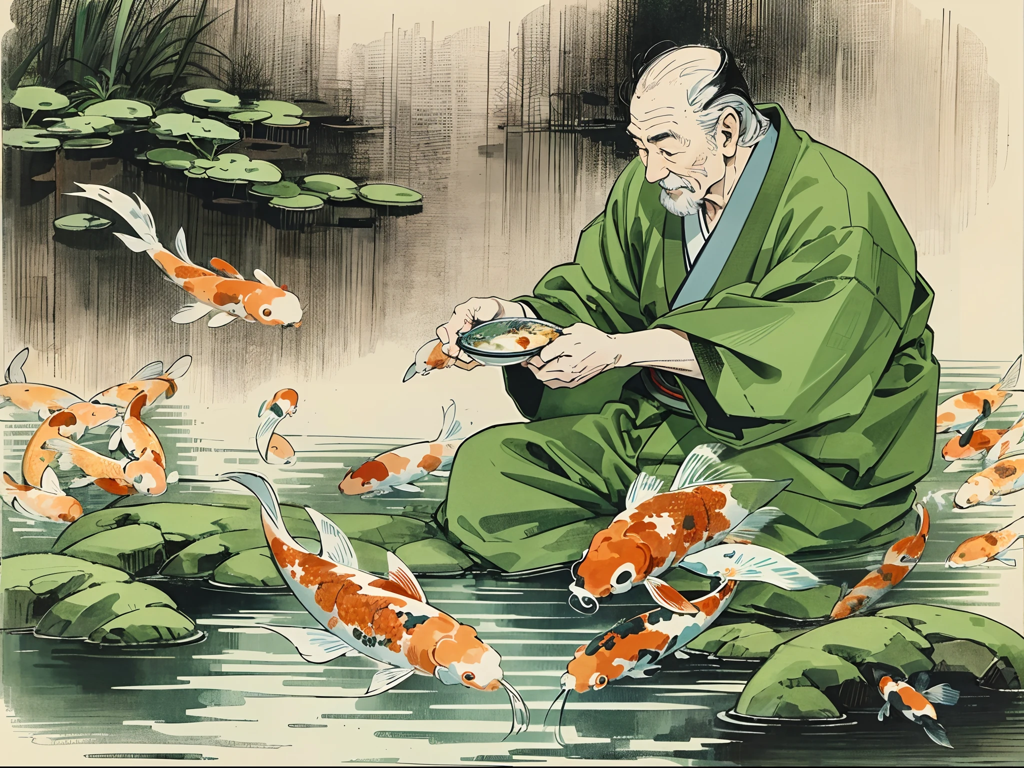 A (grandfather in a kimono is feeding koi:1.3). The picture is in the style of a Japanese ink painting, using only red and black. The grandfather has a calm expression, enjoying feeding the koi. Despite the simple use of colors, the picture is beautiful and elegant.