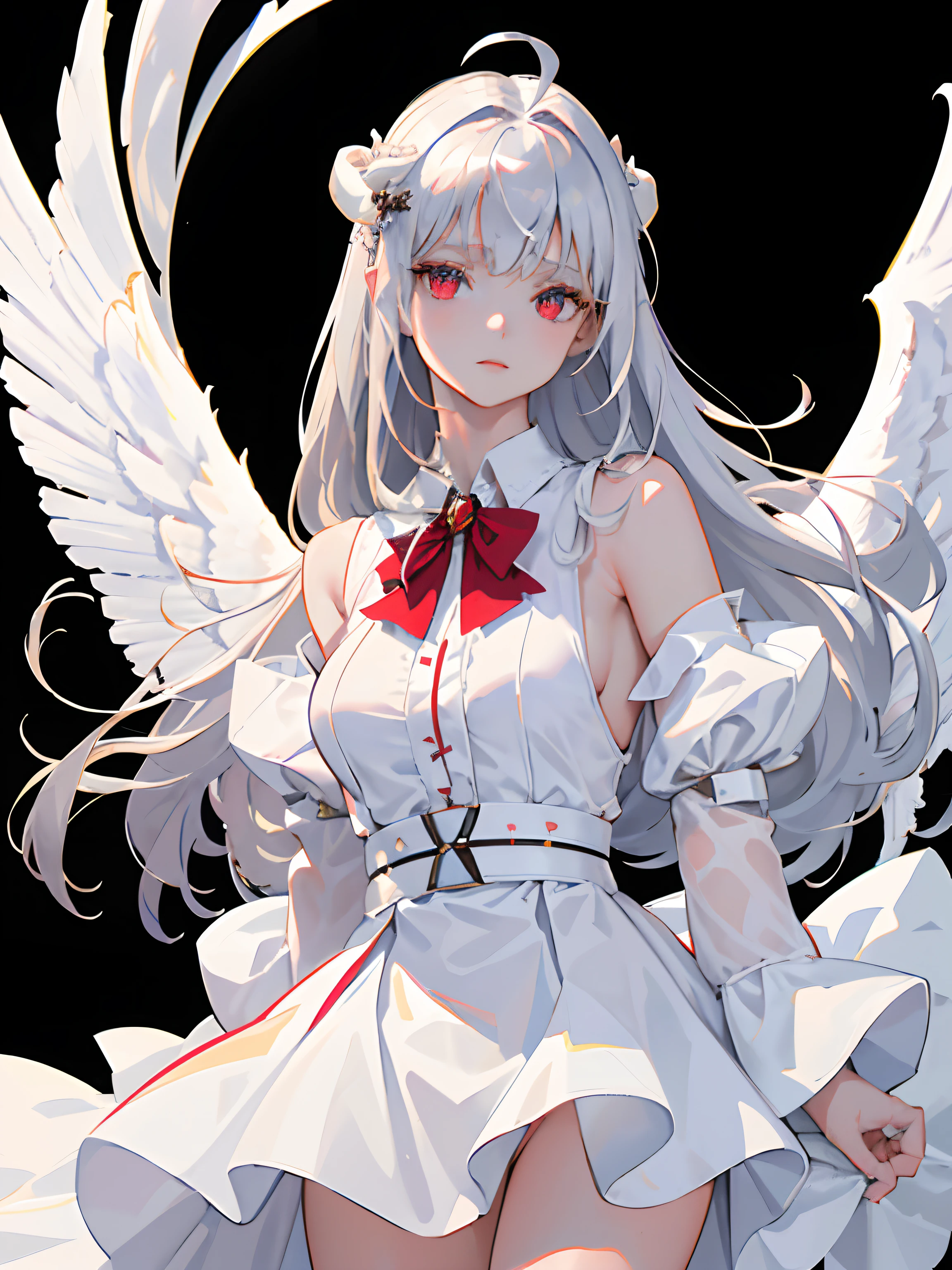 ((masterpiece, best quality)), (1girl), (solo), (female focus), (ahoge, silver hair, long hair), red eyes, ((white shirt), (buttoned shirt)), ((white skirt), (short skirt)), standing, white background, arms behind back, four angel wings on the waist, deer horns, glowing eyes, cold facial expression, crown on head, large breasts