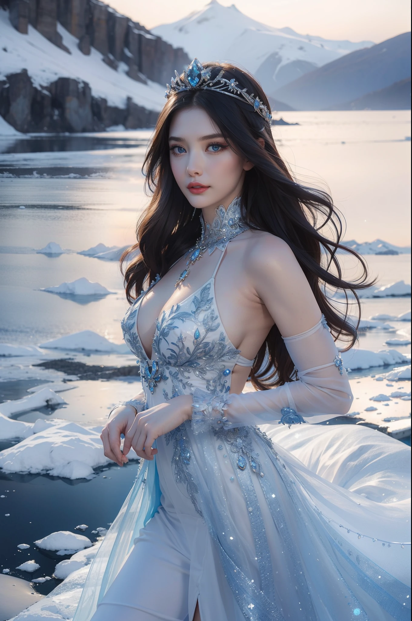 ((top-quality、masterpiece、photographrealistic:1.4、8K))、a very beautiful woman、18year old、extremely detailed eye and face、beatiful detailed eyes、ice queen、(Fantastic blue dress in medieval European style)、Luxury accessories、graceful face、(Imagine a scene in which the Ice Queen stands on a frozen lake in a blizzard。Her hair and costume are decorated with ice crystals、The figure is expressed with cold and dignity)、Beautiful lighting、Textured skin、Super Detail、high detailing、High quality、hight resolution、(looking at the viewers)、europian、(Snowy mountains at high altitudes in the background)