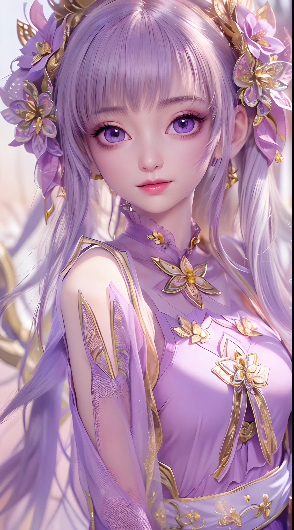 1 20 year old girl, 1 goddess Athena, pink purple silk dress, beautiful goddess Athena face without blemishes, delicate yellow nightgown, long thin sequin nightgown with many sexy black lace details, female saint legend, female saint icon, beautiful goddess style glitter, dark and mysterious version, vermilion lips, plump red lips, not smiling, mouth closed, detailed and delicate images beautifully, delicate and beautiful lip detail, (pure and flawless face: 1.9), female saint body, big boobs, Breast augmentation, breasts are round and regular, phoenix brooch, long flat bangs, ((double ponytail: 0.9)), flower stickers tattoo on forehead, beautiful clear face and well-proportioned eyes, (light purple eyes: 1.8), (big round eyes and makeup, sexy wet eye makeup, very beautiful and meticulous hair makeup, long and delicate blonde hair, delicate, body image: 1.8), figure: and vivid, (stars that make up the sky: 1.7), (the sky of heaven and the fictitious gate of time and space: 1.8), fictional art, RAW photos, hanfu photos, best photos, high resolution, best quality, best photos, best goddess quality, 8k female, super 8 single saint portraits, truest color schemes, masterpieces, best beauty brands, best hair jewelry, brand real photo, dark studio, border light, two-tone lighting, (rose white skin: 1.4), (high skin detail: 1.1), 8k uhd, d slr, soft light, 8k, high quality, candid, volume Smooth and sharp, 10x pixel increase, sexy goddess, sexy goddess, (background space: 1.8), (most beautiful aurora eyes: 1.7), beautiful eyes, aurora beautiful and flowery, (beautiful single girl: 1.8), (more details:0.8),