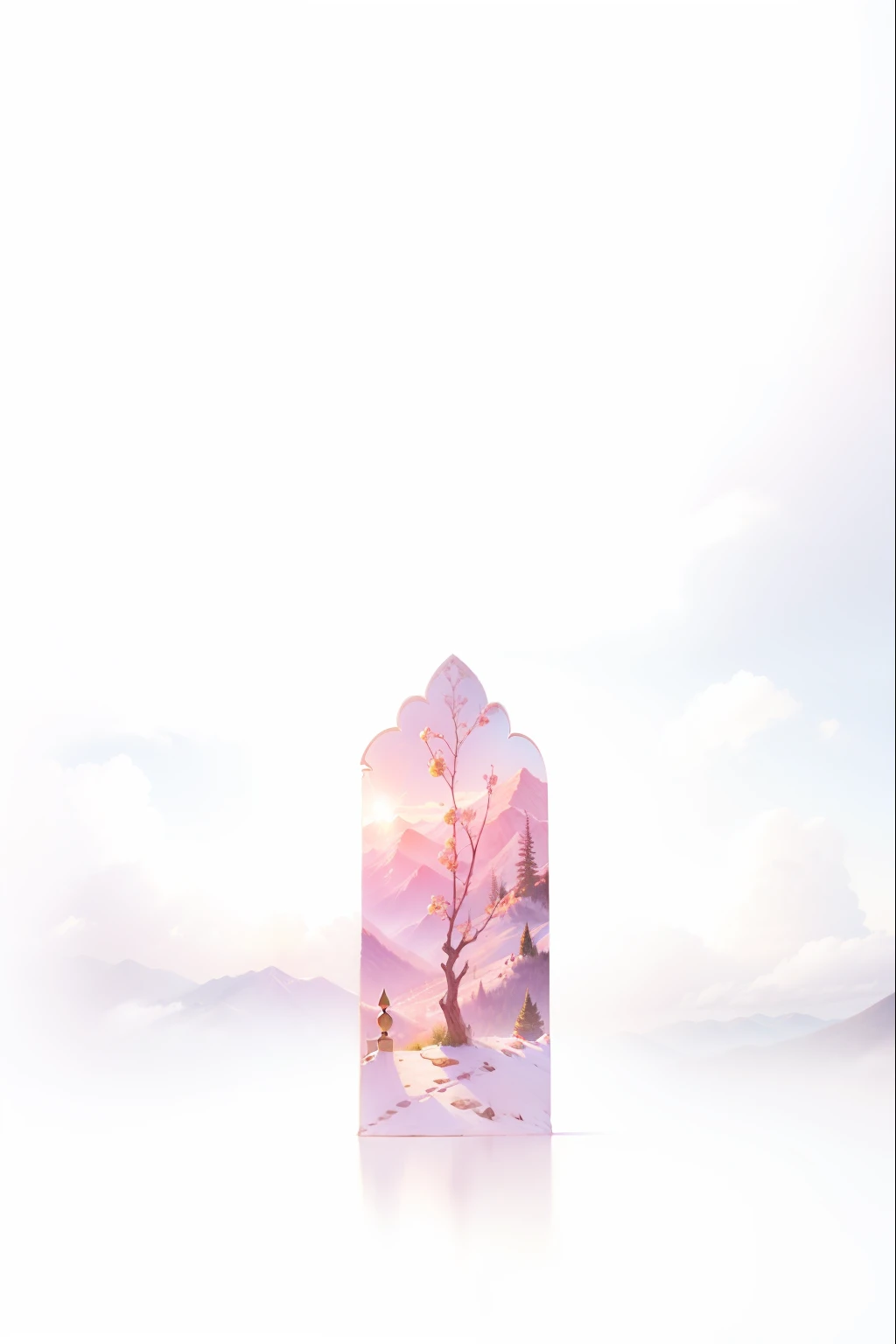 Incorporate the art product into the scene,Rose garden in the valley,Pink rose,Mountains and clouds,rays of sunshine,natural style