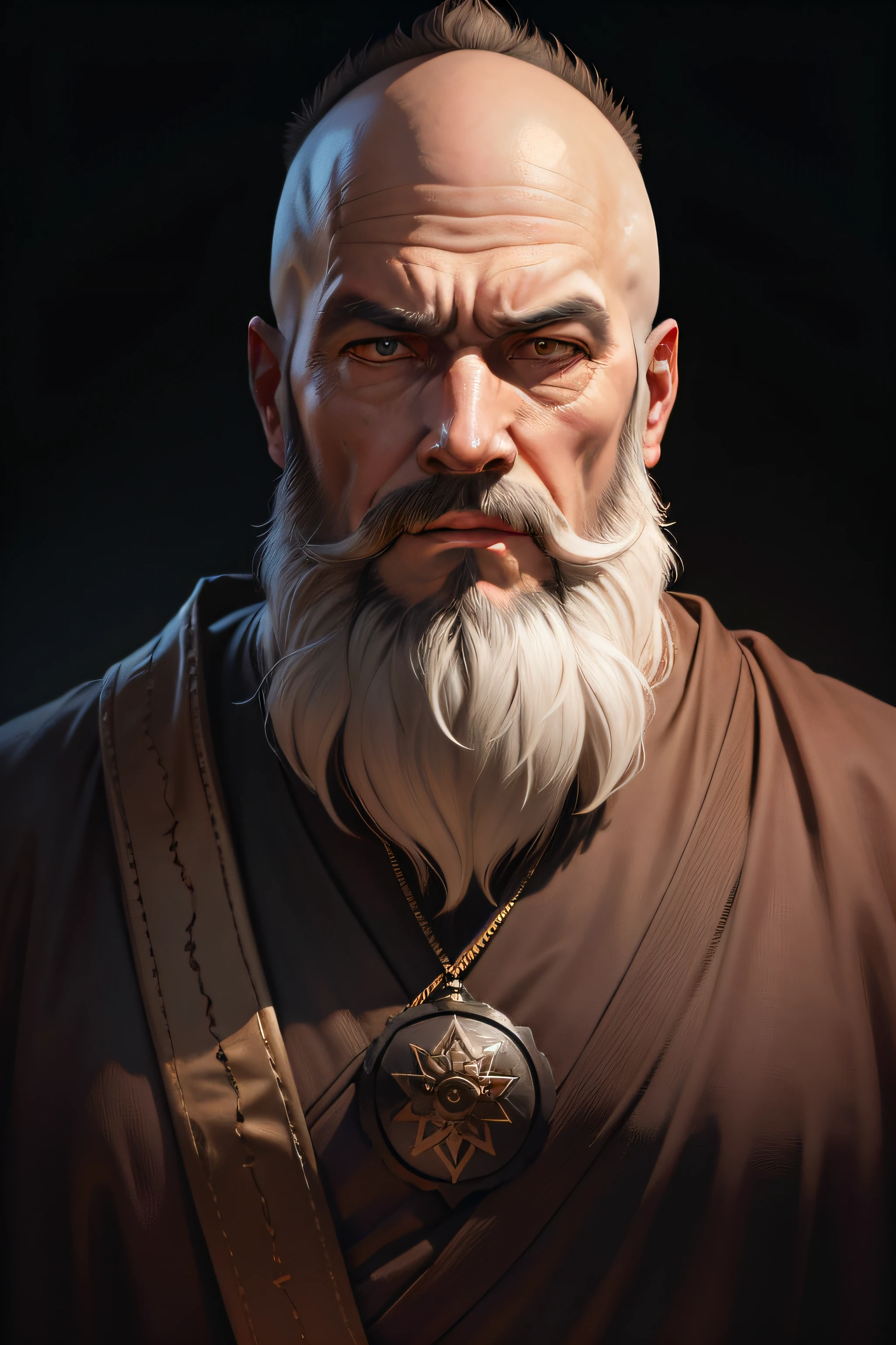 ultra realistic picture of a bearded monk straight face looking at me with dark background face illumination