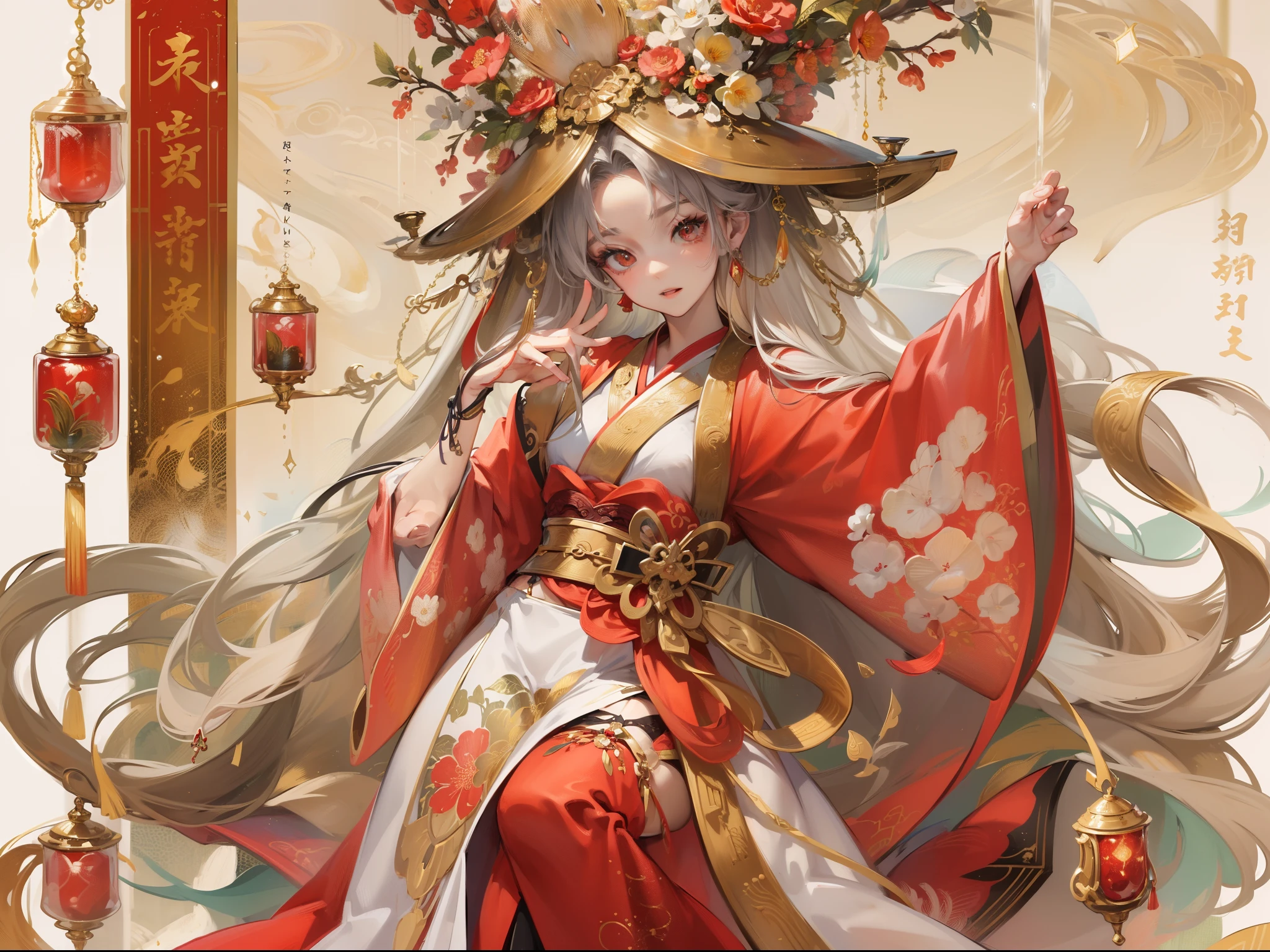Amaterasu, goddess of the sun, incarnation of the sun, supreme god of Japan, ruler of Takamagahara and the deification of the sun. The ancestor of the Japanese emperor, the supreme god of Shintoism in Japan, Japanese cherry blossoms, ((normal breasts)), (human wife), indifferent, extremely majestic, Golden eyes, coated with gold dust, soil seat, shaping a glorious atmosphere, radiant heaven and earth, fair skin, Long black hair, holding Yasaka Qiongqu Jade, mother, (extremely gorgeous kimono), clogs, white foot bags, perfect legs, ancient Japanese clothing, gorgeous gold belt, (lots of luxurious Japanese accessories), perfect flesh full of texture, , Scorching rendering effect, Jaw-dropping, captivating visual enjoyment, ((best quality), ((masterpiece)), maximum clarity, multi-layered texture, super detailed, illustration, (super detailed face), (perfect face), clear texture, fine texture, ultra HD detail display, excellent image performance, high-quality illustration, perfectly fitting harmonious tones, deep lines, precise brush strokes, with a strong sense of three-dimensionality and delicate wear, wonderful color matching, intricate details
