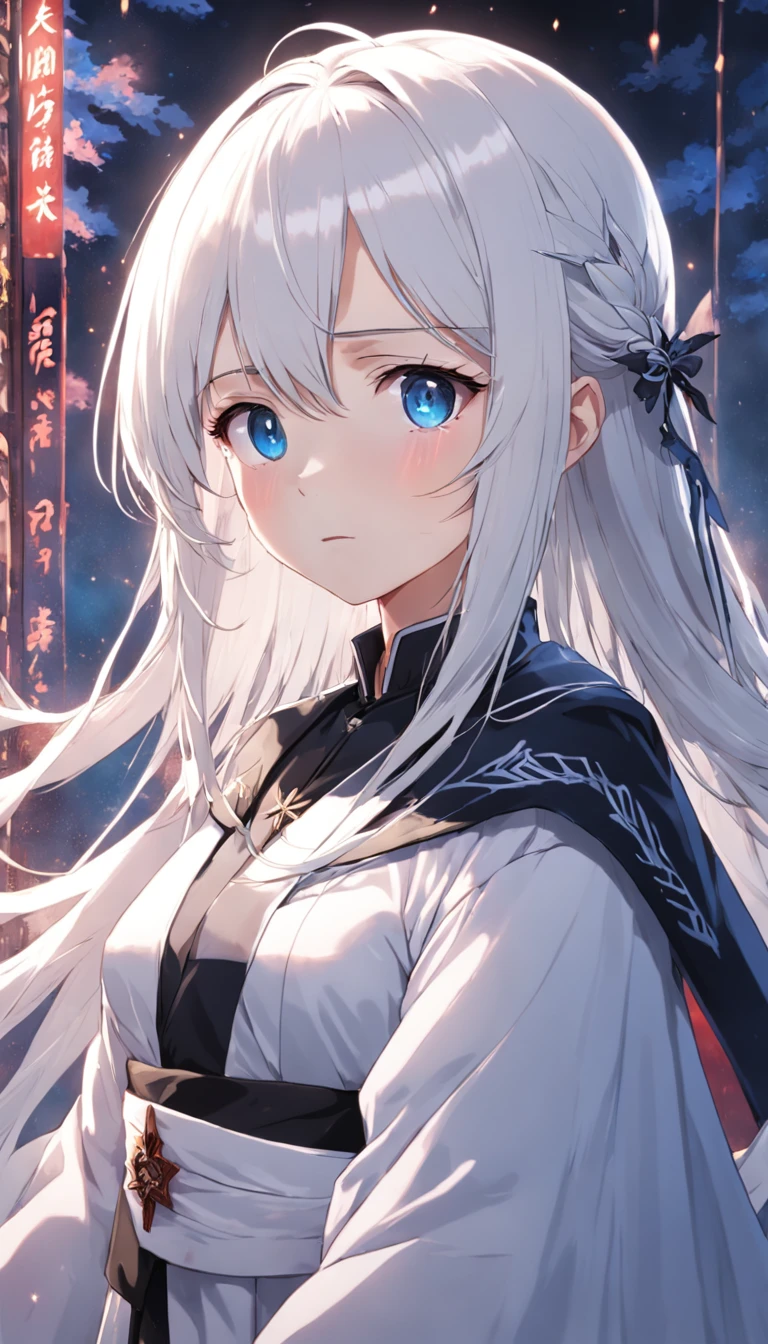 1girl, best quality, priest, stole, white hair, blue eyes