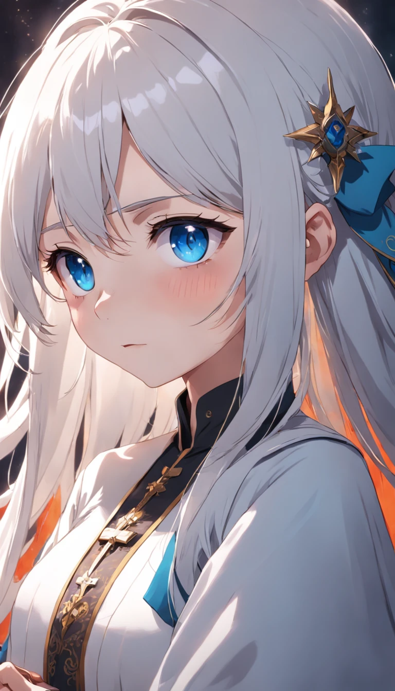 1girl, best quality, priest, stole, white hair, blue eyes
