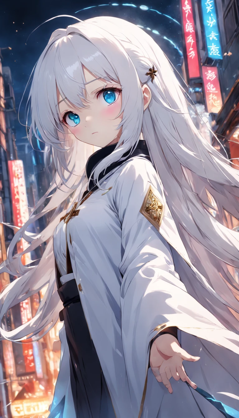 1girl, best quality, priest, stole, white hair, blue eyes