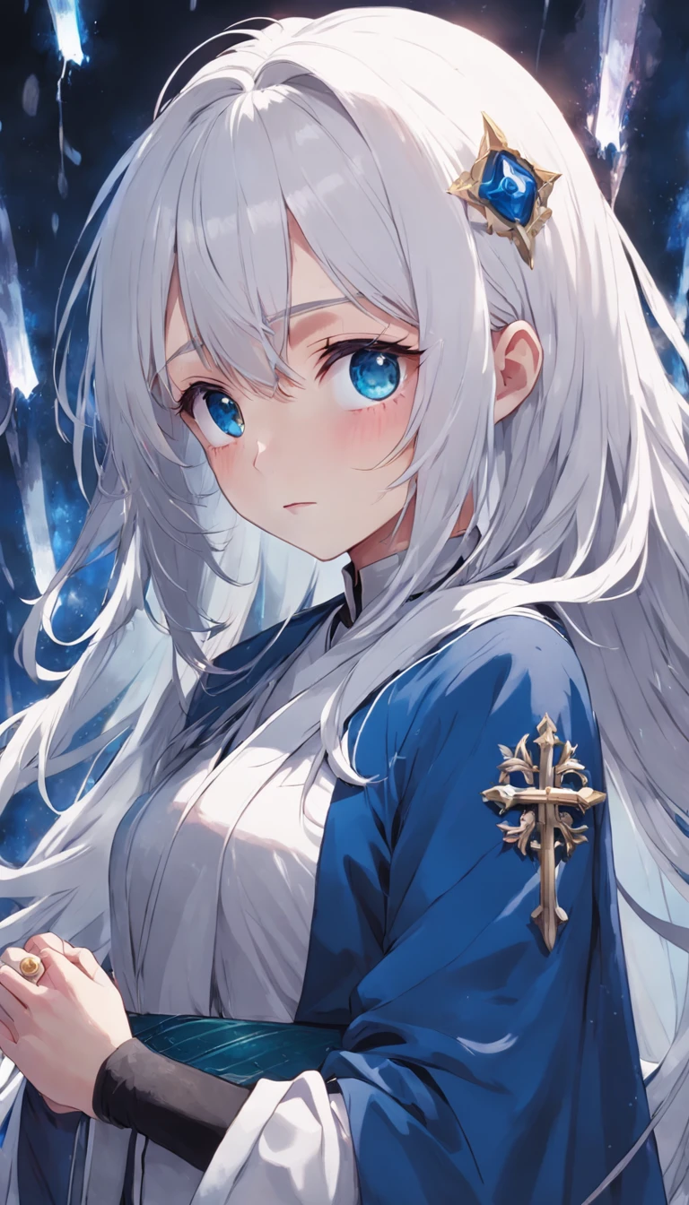 1girl, best quality, priest, stole, white hair, blue eyes