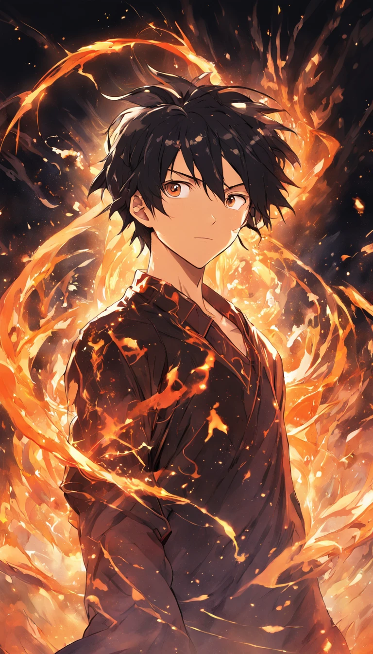 a painting that represents the essence of magic in your world, showing the black hair, shining golden eyes protagonist with a mystical black mark on his neck immersed in a cascade of magical fire energy, with glowing particles dancing around him and arcane symbols forming in the air