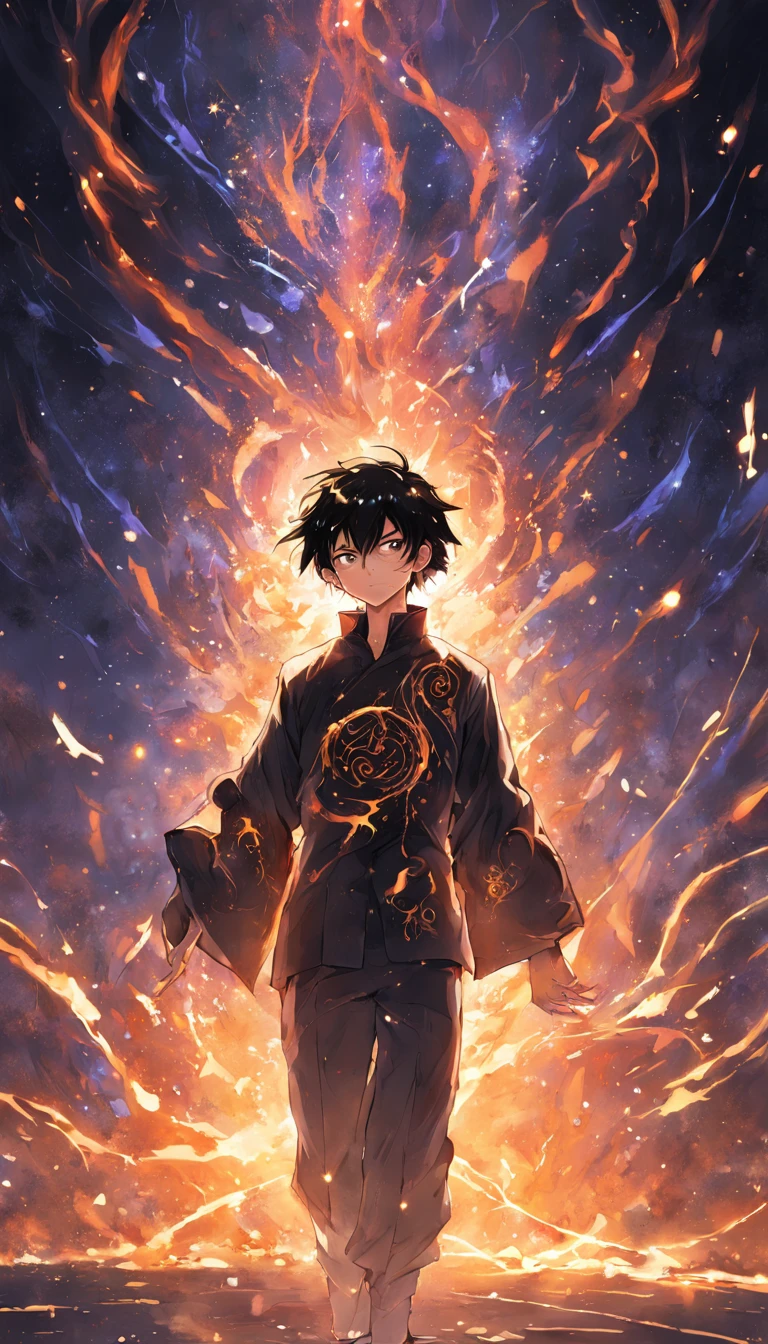 a painting that represents the essence of magic in your world, showing the black hair, shining golden eyes protagonist with a mystical black mark on his neck immersed in a cascade of magical fire energy, with glowing particles dancing around him and arcane symbols forming in the air