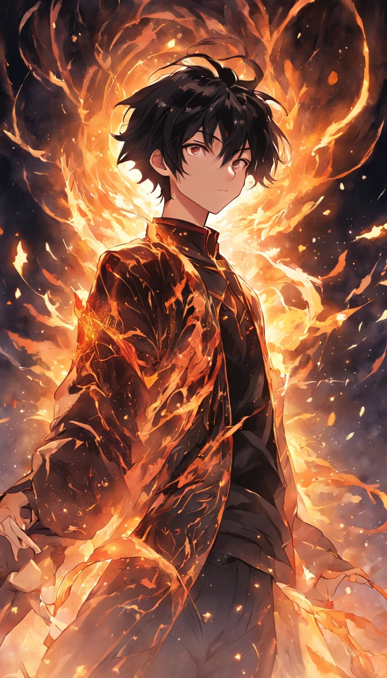 a painting that represents the essence of magic in your world, showing the black hair, shining golden eyes protagonist with a mystical black mark on his neck immersed in a cascade of magical fire energy, with glowing particles dancing around him and arcane symbols forming in the air