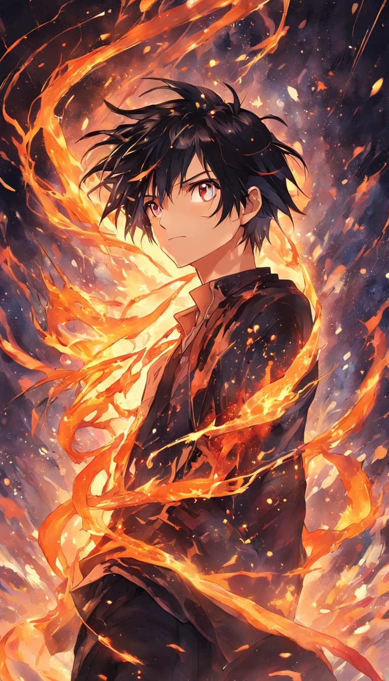 a painting that represents the essence of magic in your world, showing the black hair, shining golden eyes protagonist with a mystical black mark on his neck immersed in a cascade of magical fire energy, with glowing particles dancing around him and arcane symbols forming in the air