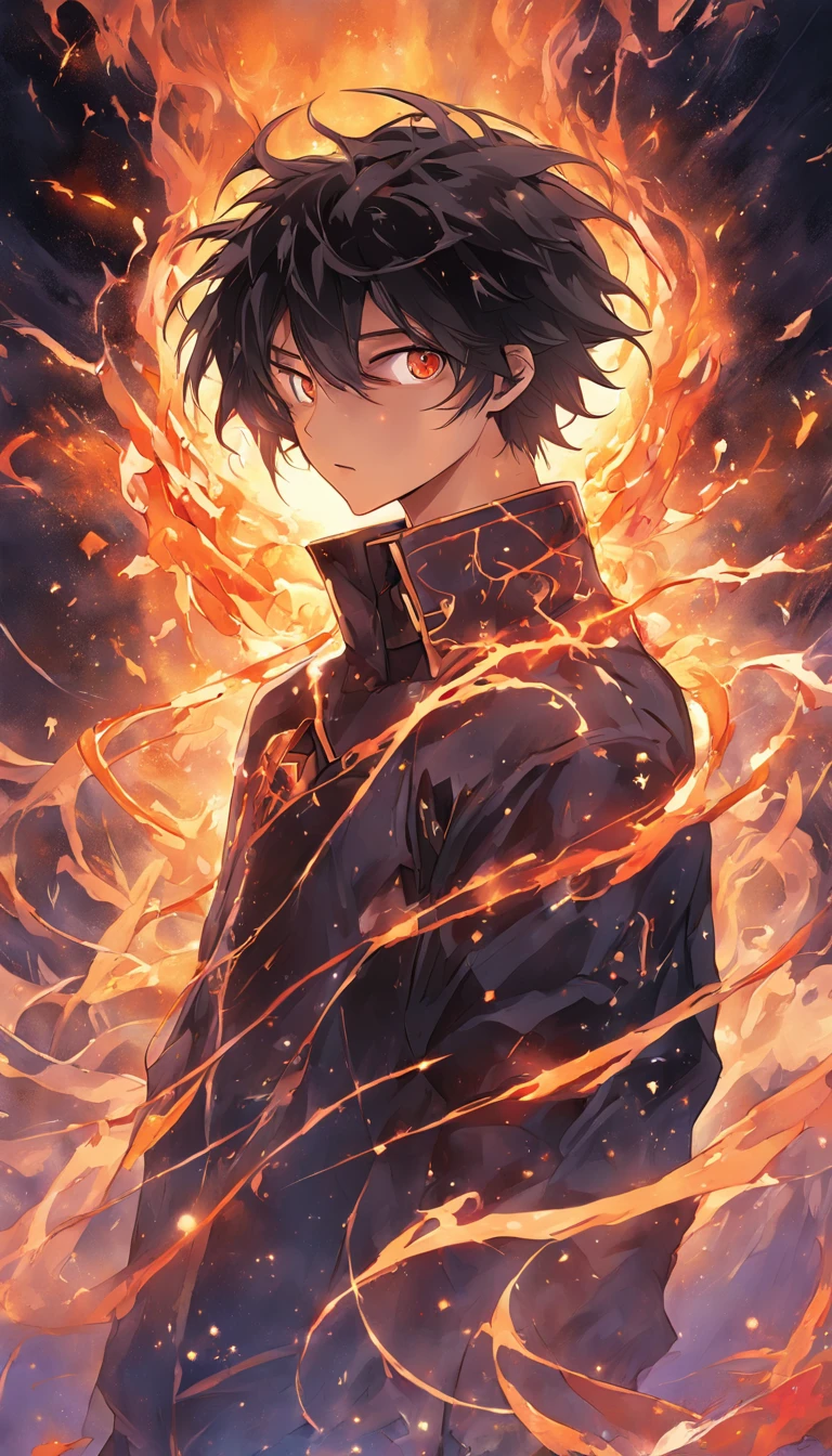 a painting that represents the essence of magic in your world, showing the black hair, shining golden eyes protagonist with a mystical black mark on his neck immersed in a cascade of magical fire energy, with glowing particles dancing around him and arcane symbols forming in the air