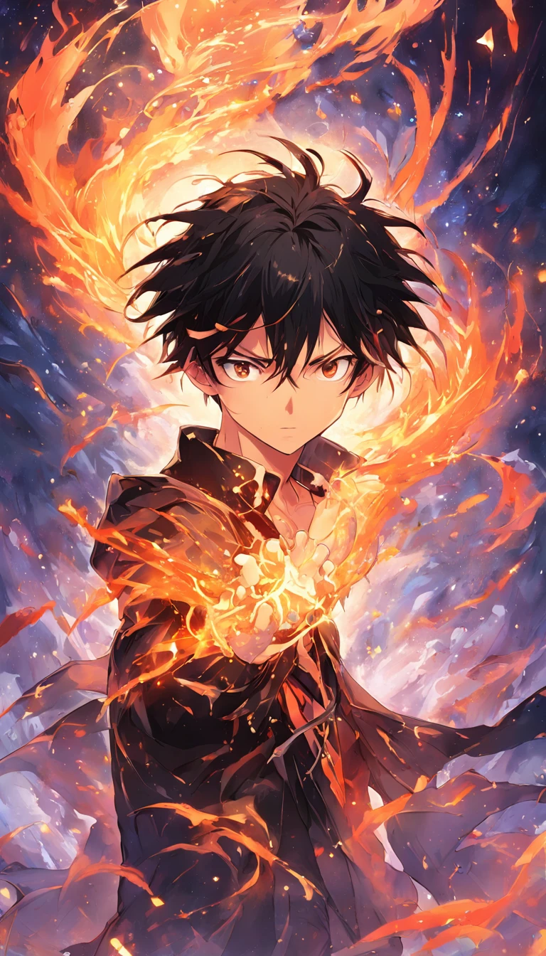 a painting that represents the essence of magic in your world, showing the black hair, shining golden eyes protagonist with a mystical black mark on his neck immersed in a cascade of magical fire energy, with glowing particles dancing around him and arcane symbols forming in the air