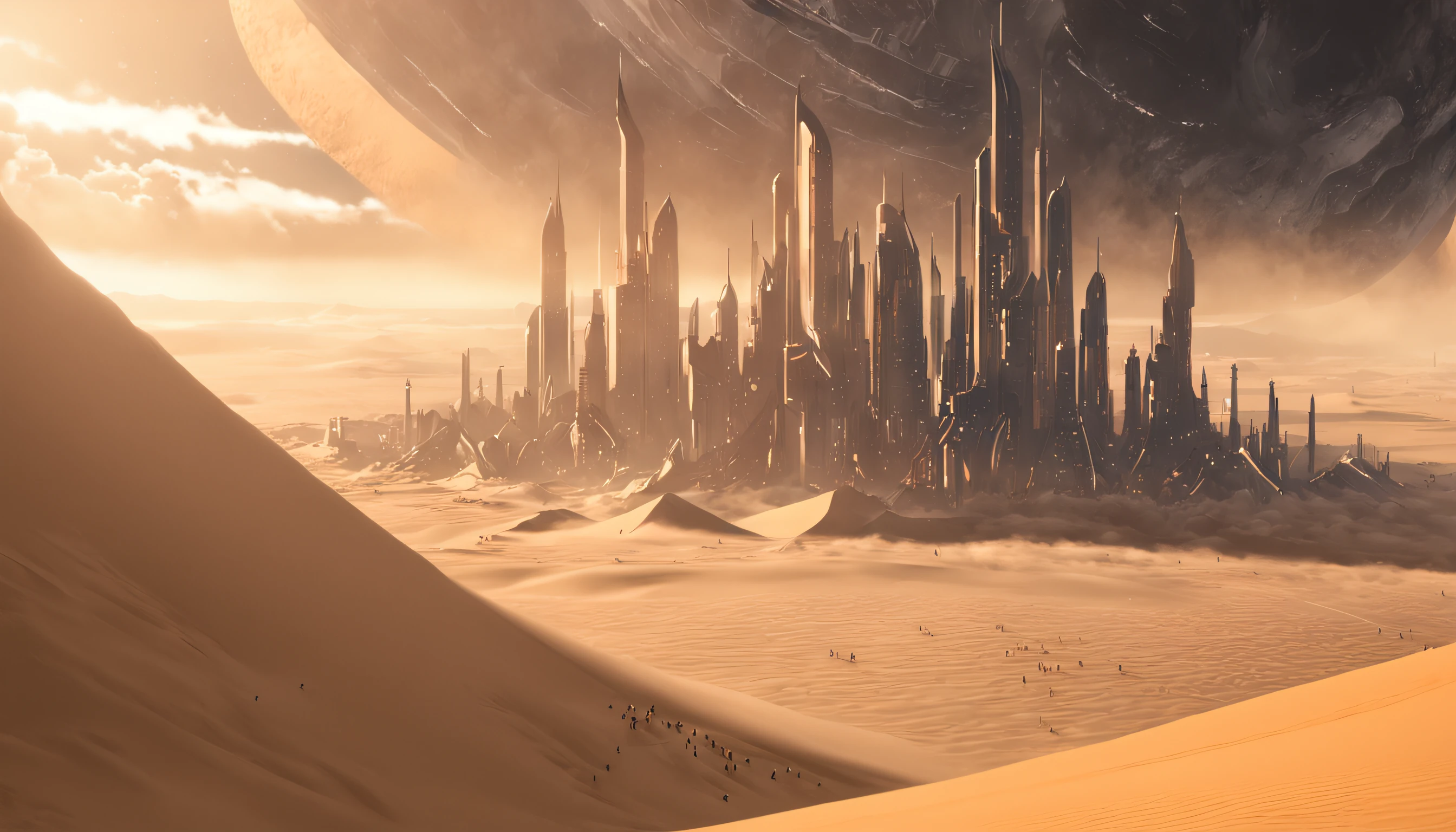 Dune sci-fi scene,Fine 8K,vray,huge buildings,There are many ships in the air,Size contrast,crowd of