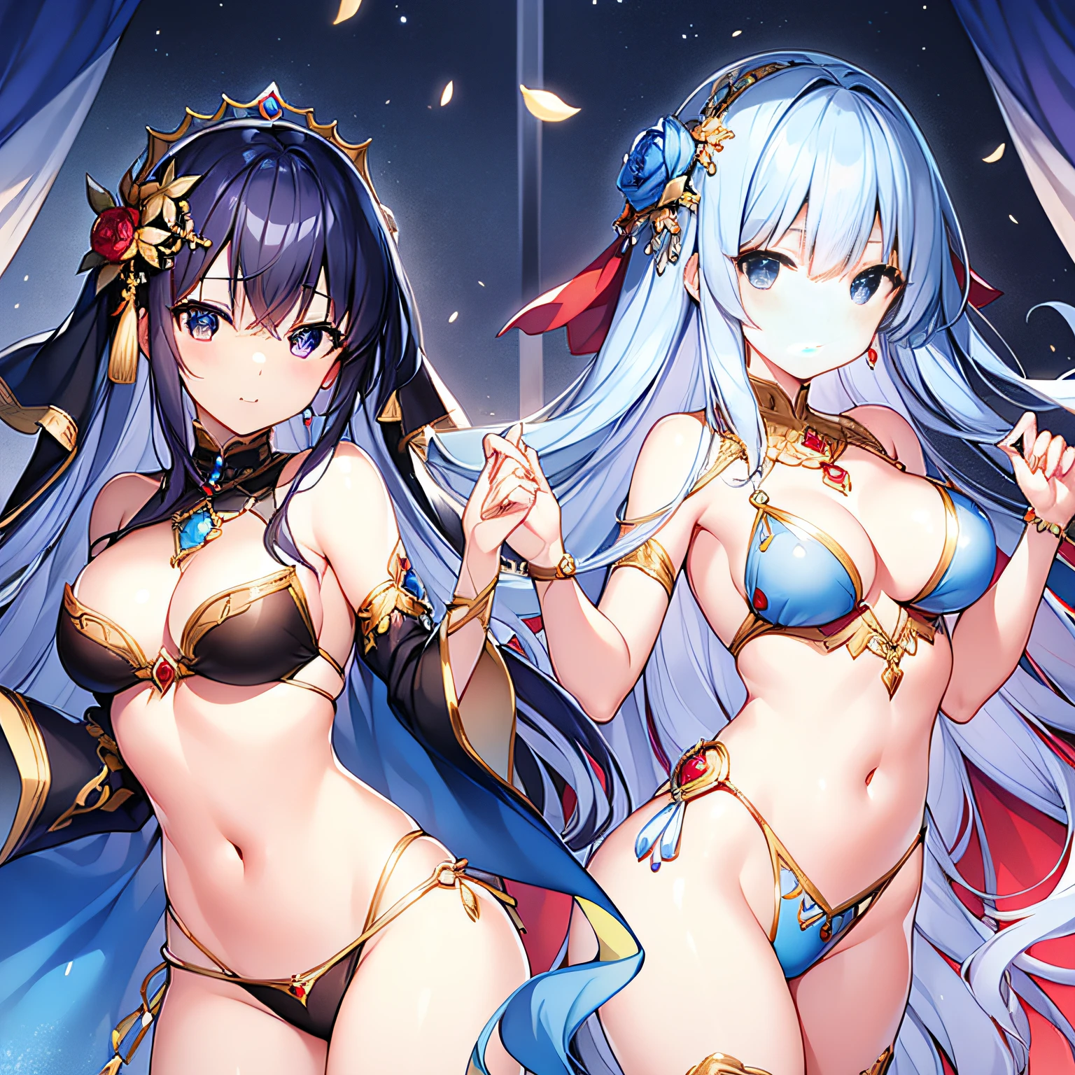 top-quality、extremely delicate and beautiful、(Blue and Red Odd-Eye)、Arabian costume 、Navel、silber hair、femele、(Black bikini for lower body)、((Brown skin))