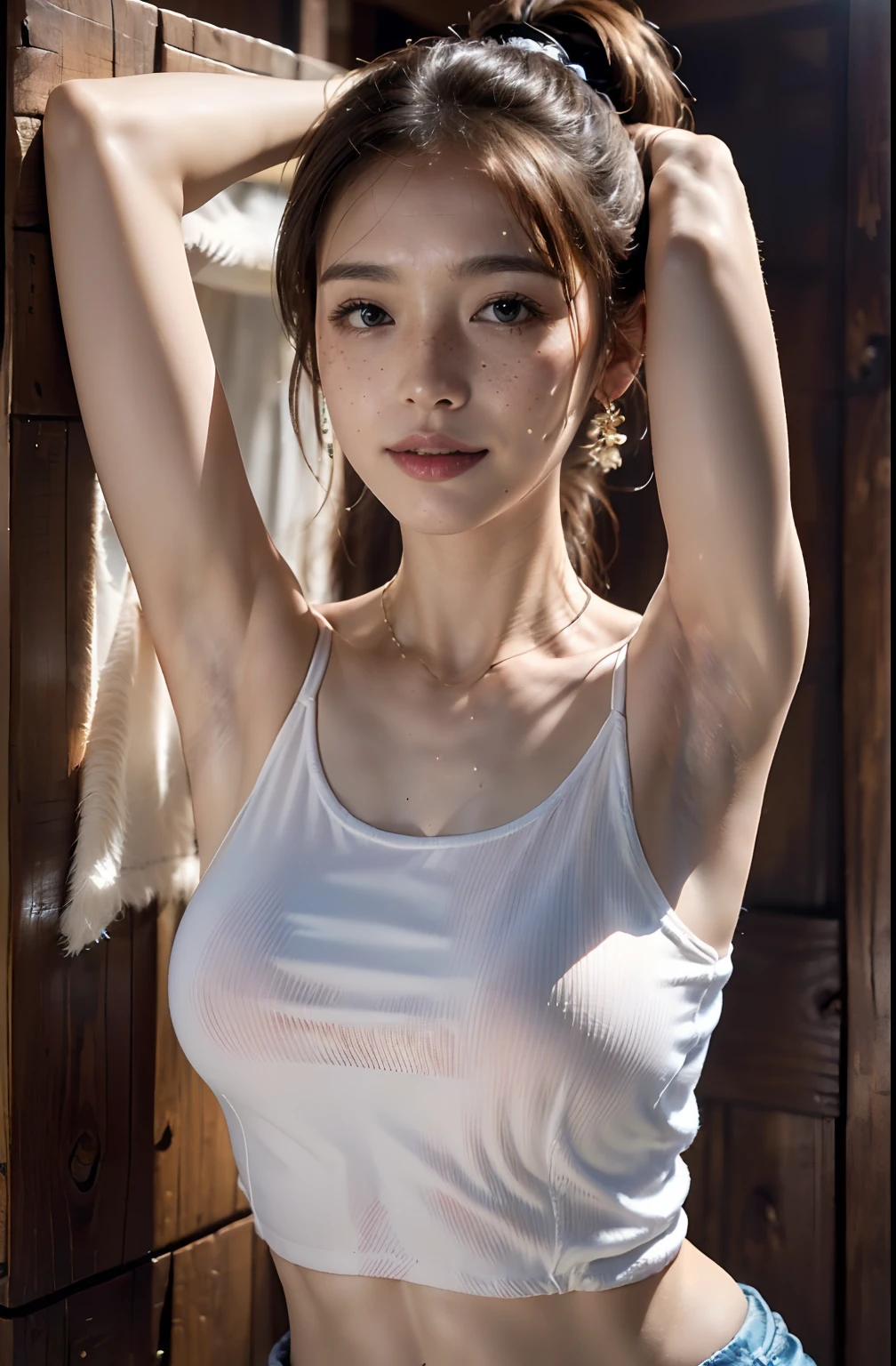 ((Show underarms、Armpit、Bright armpits、Oiled shiny armpits:1.15、Tecateca armpits:1.15、Detailed wrinkles in the armpits:1.6、Wrinkles under the armpits:1.6、Sweaty face、Show me your armpits、The body is turned to the front、A hyper-realistic、Armpit、Shine a light in the armpits:1.8、Detailed armpit wrinkles、Detailed armpit pores、Realistic armpit skin、Shine a light in the armpits、Bright armpits)), (on the park、Alone girl in the park、illustratio、Sleeveless tank top、White panty), (hight resolution), (8K), (ighly detailed), (The best illustrations), (armpit pose、beatiful detailed eyes), (top-quality), (ultra-detailliert), (masterpiece), (wall-paper), (详细的脸), 8 years old girl、Freckles on the face、Show shiny wrinkled armpits,Brown hair,high-ponytail Hairstyle、Upper body only,Navel is visible、Girl in white tank top without sleeves, japanes,