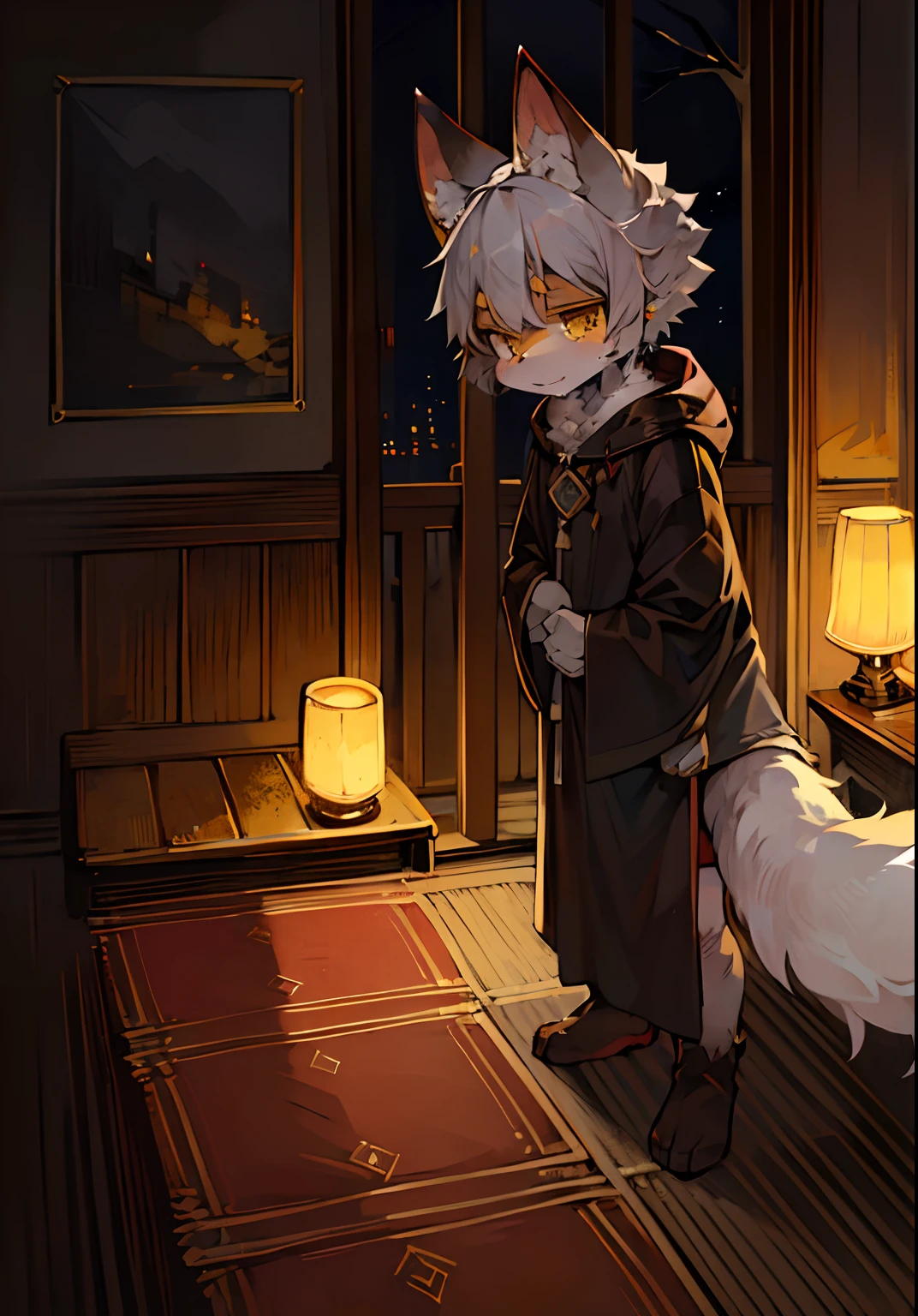 (ambiente dark:0.8),Masterpiece,High quality,abstract res,Digital painting\(artwork of a\), by Dagasi, Yupa,Kiyosan,(anthro,Fluffy fur,Character focus:1.1),anthro male cat,Short hair,Portrait , eyes with brightness, in a panoramic view, Character focus.(detailedbackground:0.7), 独奏, shaggy, Furry female, female focus, anthr,(Full Body Furry, Fluffy tail, Yellow fur, Yellow eyes, Gray hair:1.2), (long canines、Vampires、cloaks:1.2),(interiors、the night:1.1)