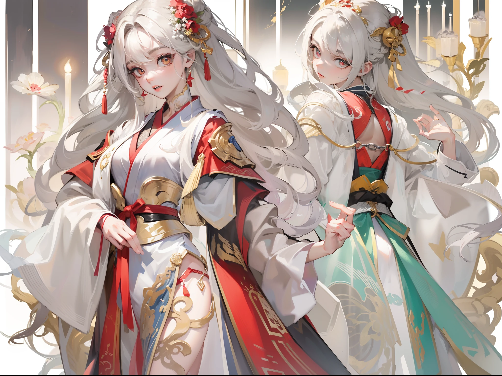 ((Masterpiece, Highest quality)), Detailed face, CharacterDesignSheet， full bodyesbian, Full of details, Multiple poses and expressions, Highly detailed, Depth, Many parts，A beautiful girl with white hair，Shoelaces twisted braids，He wears a blonde hairpin，Dressed in white、Red and gold Hanfu，Behind him is a blue-gold cloak，The lower body is wearing white stockings，Bare legged，Light pink pupils，epic exquisite  character art, Amazing characters