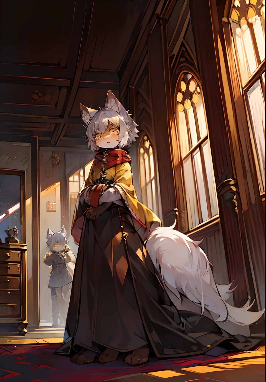 (ambiente dark:0.8),Masterpiece,High quality,abstract res,Digital painting\(artwork of a\), by Dagasi, Yupa,Kiyosan,(anthro,Fluffy fur,Character focus:1.1),anthro male cat,Short hair,Portrait , eyes with brightness, in a panoramic view, Character focus.(detailedbackground:0.7), 独奏, shaggy, Furry female, female focus, anthr,(Full Body Furry, Fluffy tail, Yellow fur, Yellow eyes, Gray hair:1.2), (long canines、Vampires、cloaks：1.2），（interiors、the night：1.1）