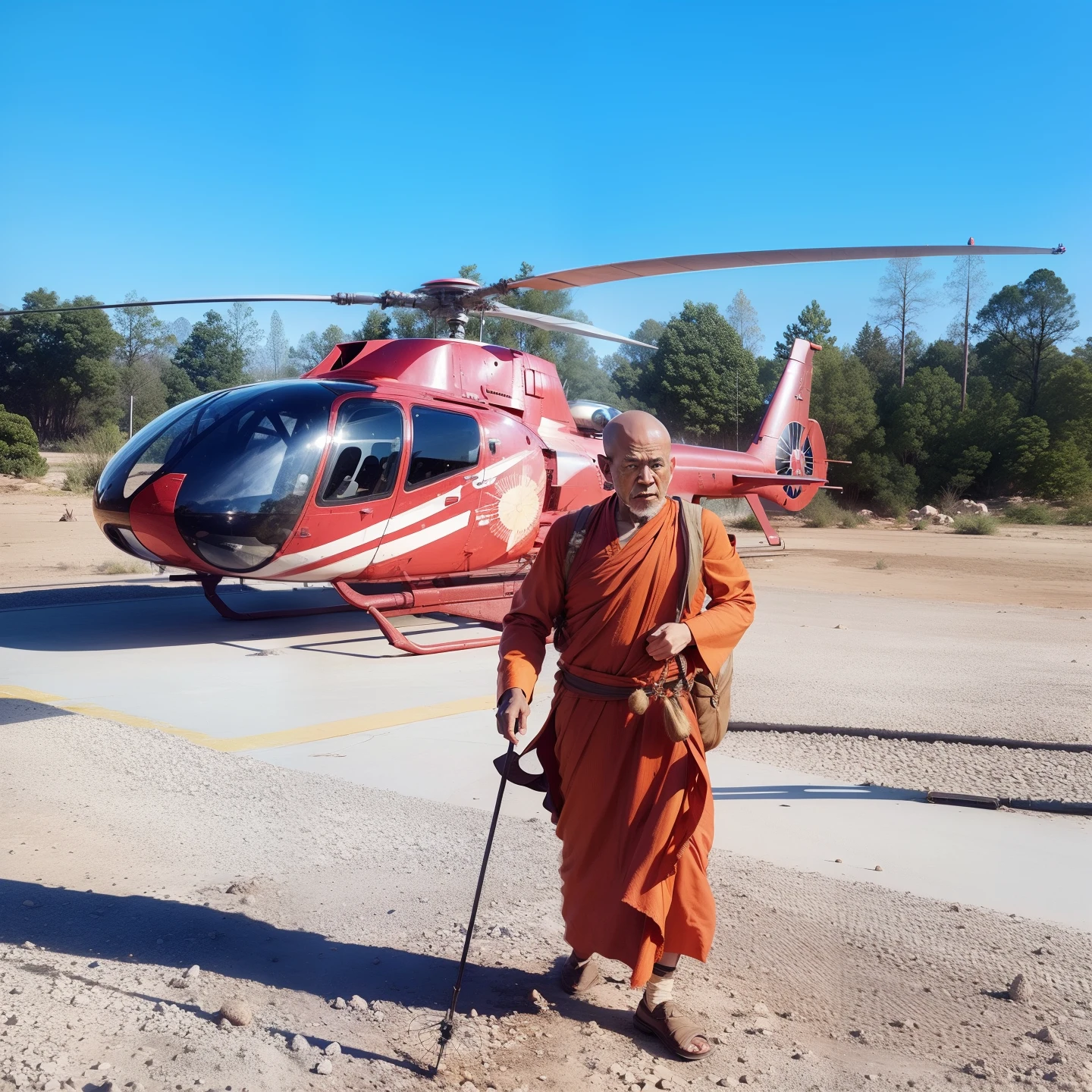 a monk and a helicopter