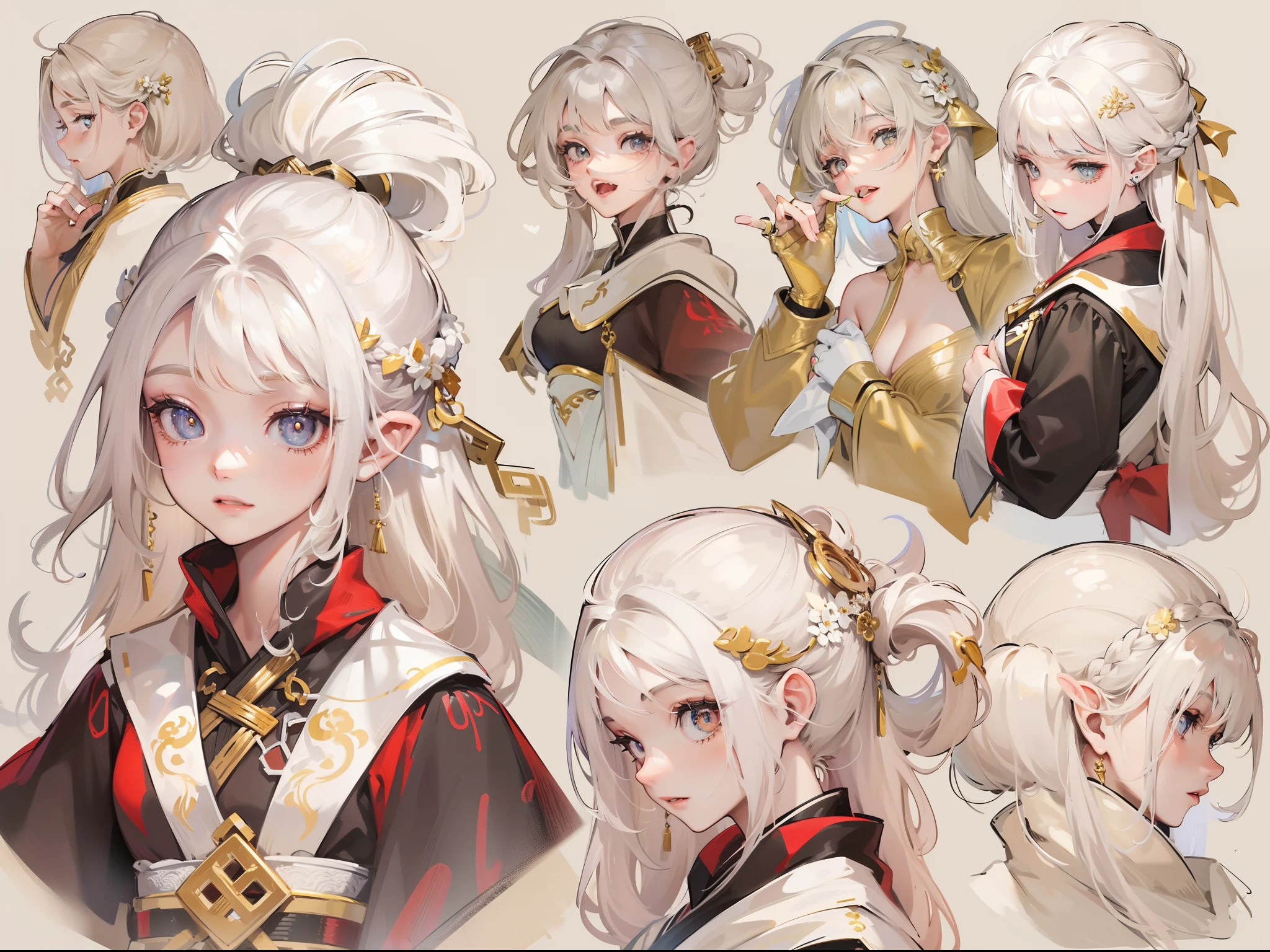 ((Masterpiece, Highest quality)), Detailed face, CharacterDesignSheet, full bodyesbian, Full of details, Multiple poses and expressions, Highly detailed, Depth, Many parts,A beautiful girl with white hair,Shoelaces twisted braids,He wears a blonde hairpin,Dressed in white、Red and gold Hanfu,Behind him is a blue-gold cloak,The lower body is wearing white stockings,Bare legged,Light pink pupils,epic exquisite character art, Amazing characters