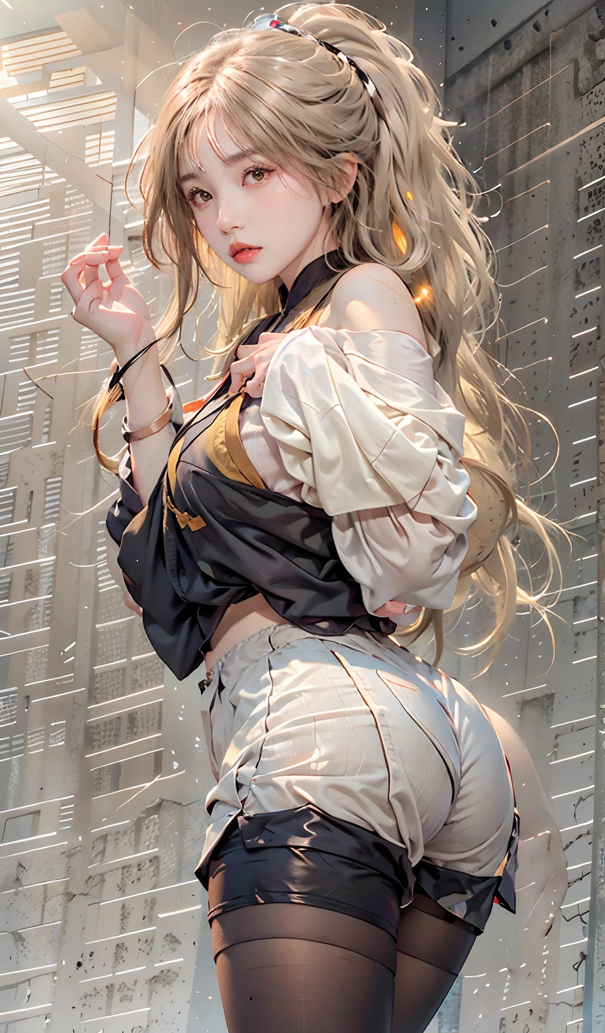 (Hyper-realistic) , (illustratio), (Increase the resolution), (8K), （RAW photos，best qualtiy），（realisticlying，photograph realistic：1.3），best qualtiy，highly  detailed，tmasterpiece，1girll， 独奏， By bangs， exposed bare shoulders，raised arm， Black shorts，White mini short top， greybackground， hair between eye，， long whitr hair，  Super short pants， parted lip， red eyes，  simplebackground， Full body photo，Hips up, view the viewer, (Detailed face), Yellow hair, jewelry, Women's tights, Shorts, Camel toes。