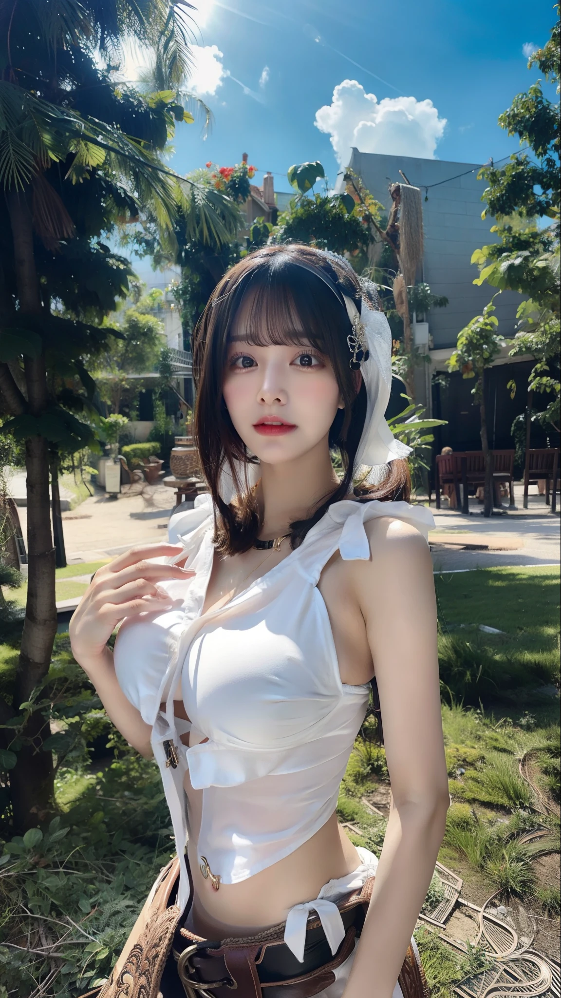 real photos,HDR backlight,Contour light,Shallow depth of field。reddish brown long straight hair,Beautiful Chinese beauties, masterpiece, best quality, extremely delicate and beautiful,high resolution, absurderes, Optimal proportions of four fingers and one thumb, in the lake with trees,sitting, highly detailed beautiful face, Cute, shy,blush, dynamic angle, from above,looking at viewer, wearing Chiffon Sleeveless Blouse skirt