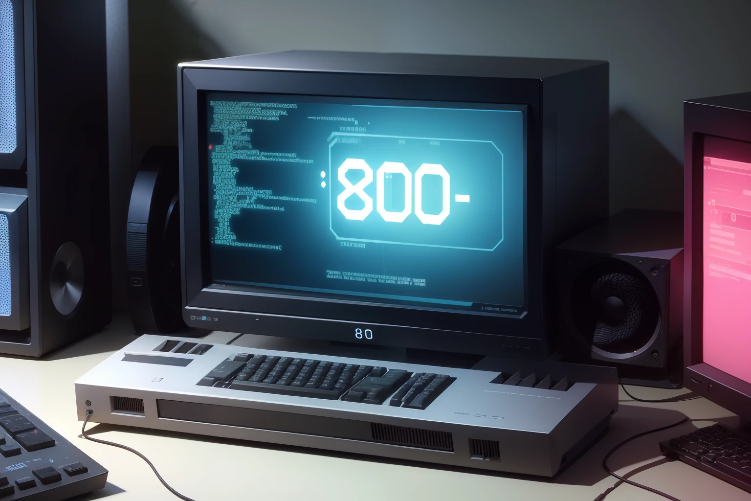 a computer from the 80's displaying a programming language code on the screen