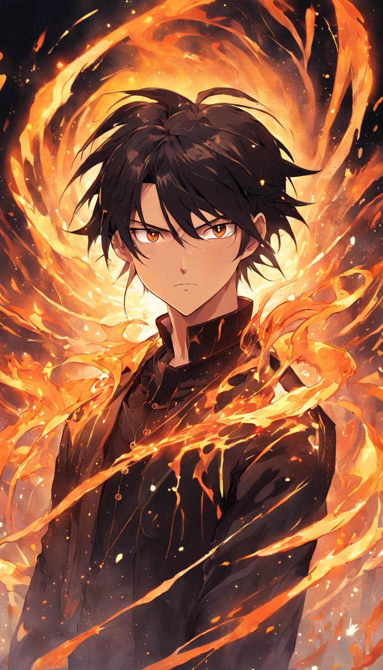 a painting that represents the essence of magic in your world, showing the black hair, shining golden eyes protagonist with a mystical black mark on his neck immersed in a cascade of magical fire energy, with glowing particles dancing around him and arcane symbols forming in the air