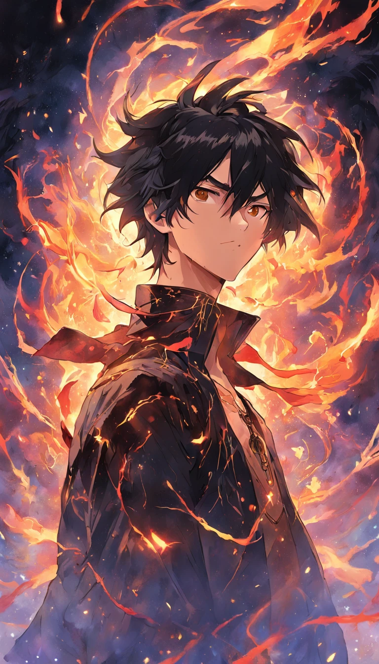 a painting that represents the essence of magic in your world, showing the black hair, shining golden eyes protagonist with a mystical black mark on his neck immersed in a cascade of magical fire energy, with glowing particles dancing around him and arcane symbols forming in the air