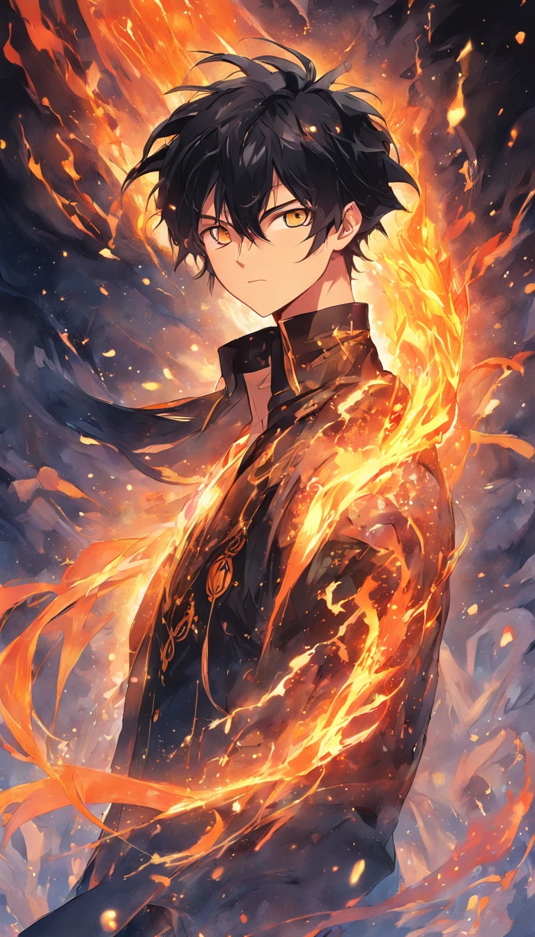 a painting that represents the essence of magic in your world, showing the black hair, shining golden eyes protagonist with a mystical black mark on his neck immersed in a cascade of magical fire energy, with glowing particles dancing around him and arcane symbols forming in the air