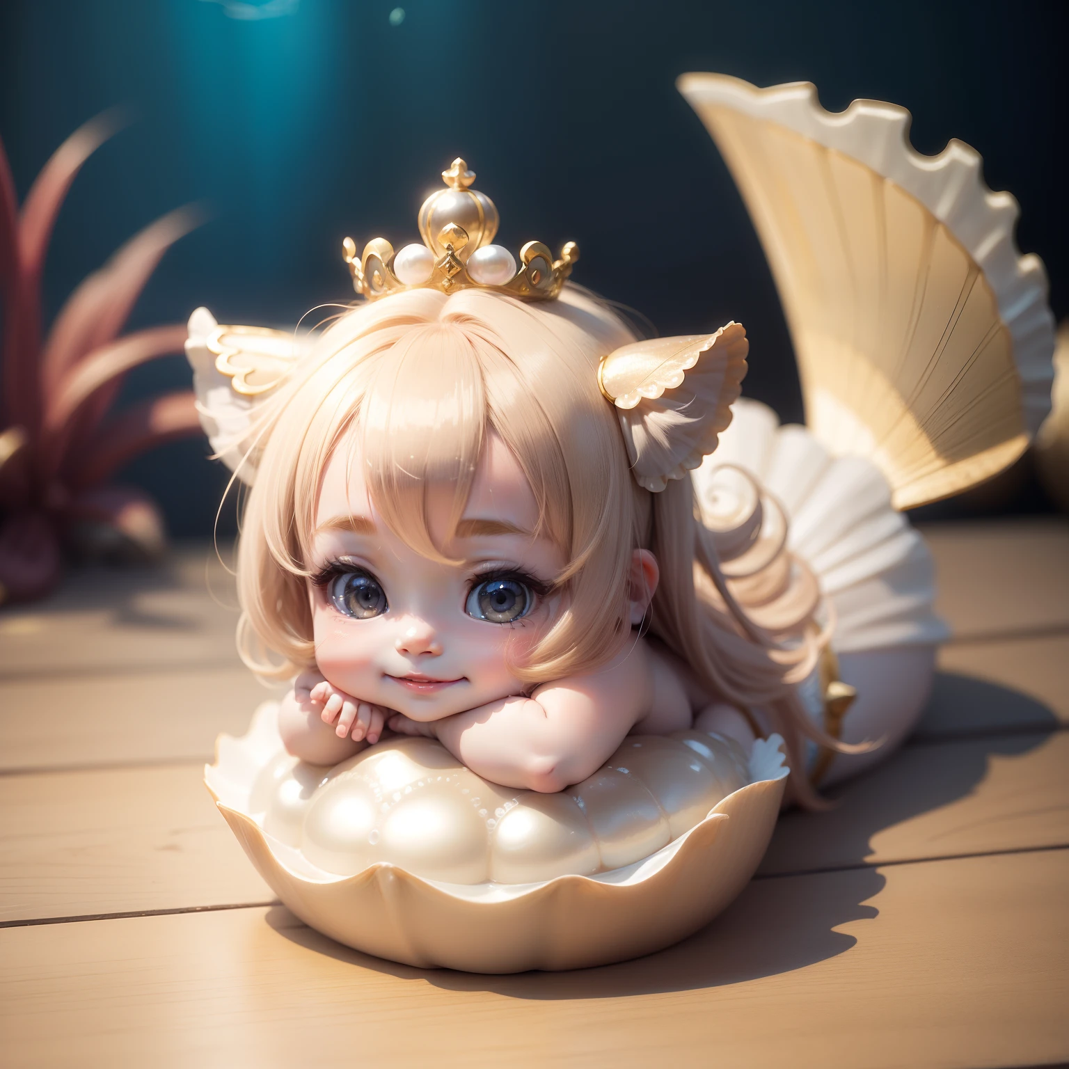 Cute Baby Chibi Anime,Venus,The best smile,scallop,Pearl beige long sauvage hair,Royal Aquarium.