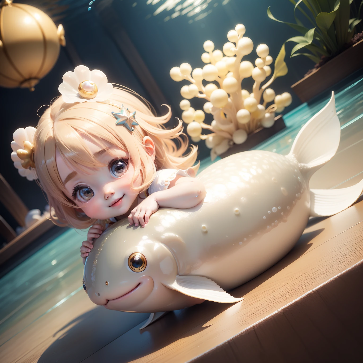 Cute Chibi Anime,Venus,The best smile,scallop,Pearl beige long sauvage hair,Royal Aquarium.