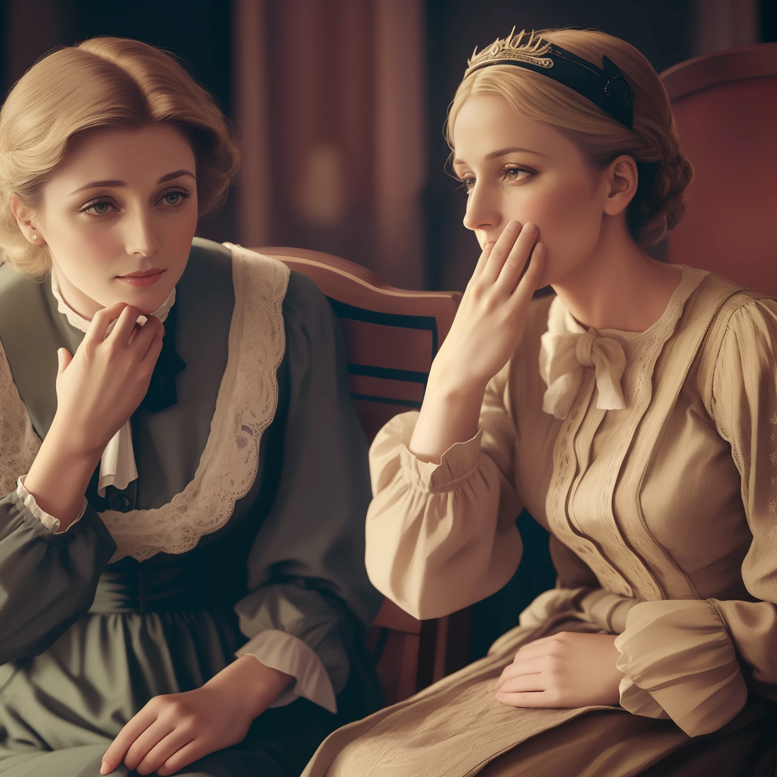 They're sitting in a chair and one is covering his mouth, Marie Curie, Era vitoriana, Helene Fischer em Downton Abbey, ainda de um filme, inspirado em Harriet Backer, ainda do filme, ambos vestindo roupas vitorianas, inspirado em Anna Ancher, inspirado em Bessie Wheeler, usando roupas vitorianas, inspirado em Michael Ancher, cena do filme