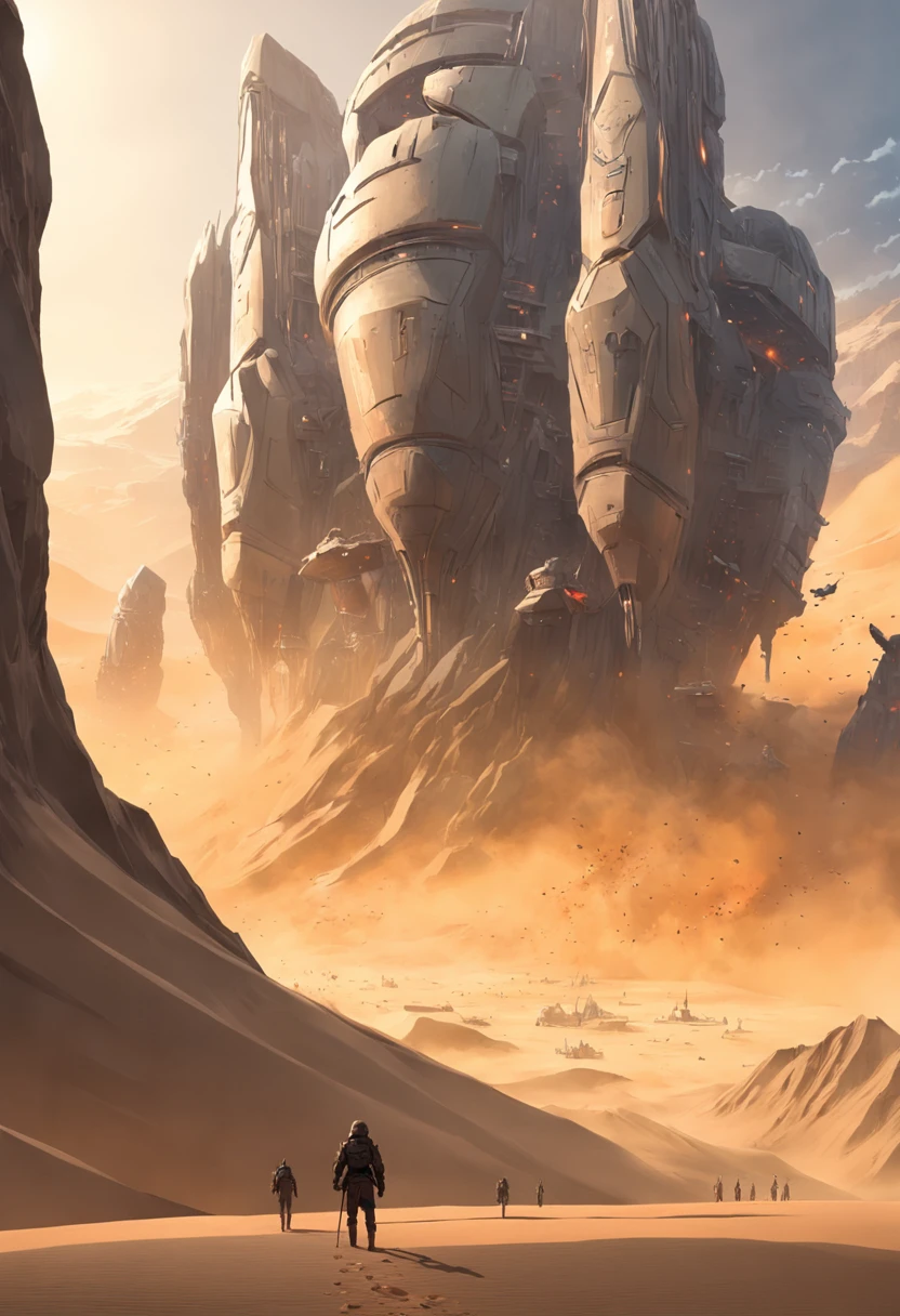 Dune sci-fi scene，Geometric complex as the background，huge buildings，There are many ships in the air，Size contrast，crowd of，Soldiers versus soldiers，Big scenes of war，smog，Explosive effect，Fine 8K，vray，Wasteland Science Fiction